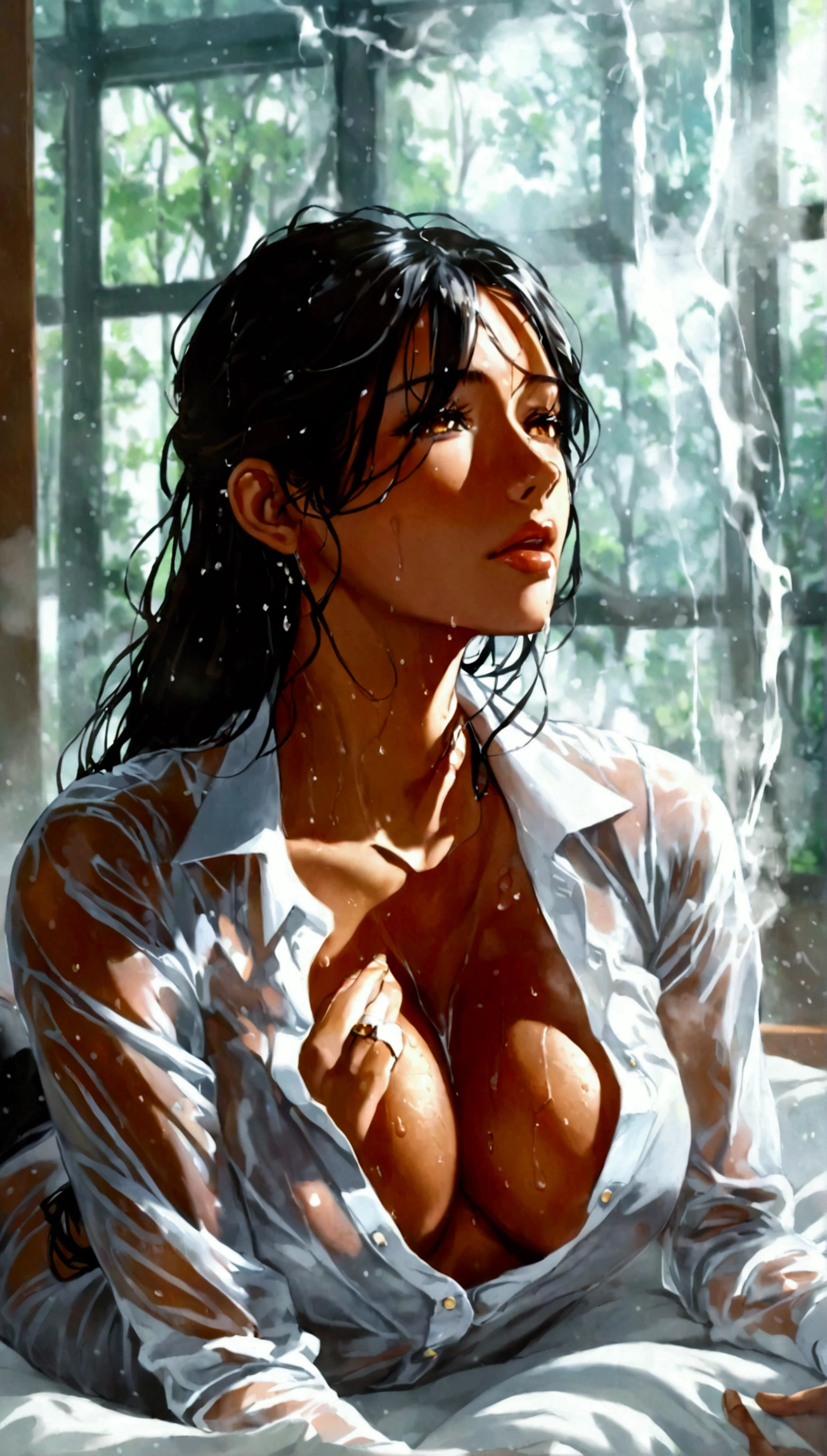 Sweat and wet body, translucent blouse, a mexican executive women, 24 years old, Neckline, tanned brown skin, brown eyes, long black hair, big chest, gray Tight-fitting office clothing, Mini-skirt, in a room, in bed, the man lying down and the woman on top of the man, exhaling mist, the windows fogged up, kissing with an old man, 45 years old, /(formal suit, rings on fingers,), on top of the man riding him, frontal focus,