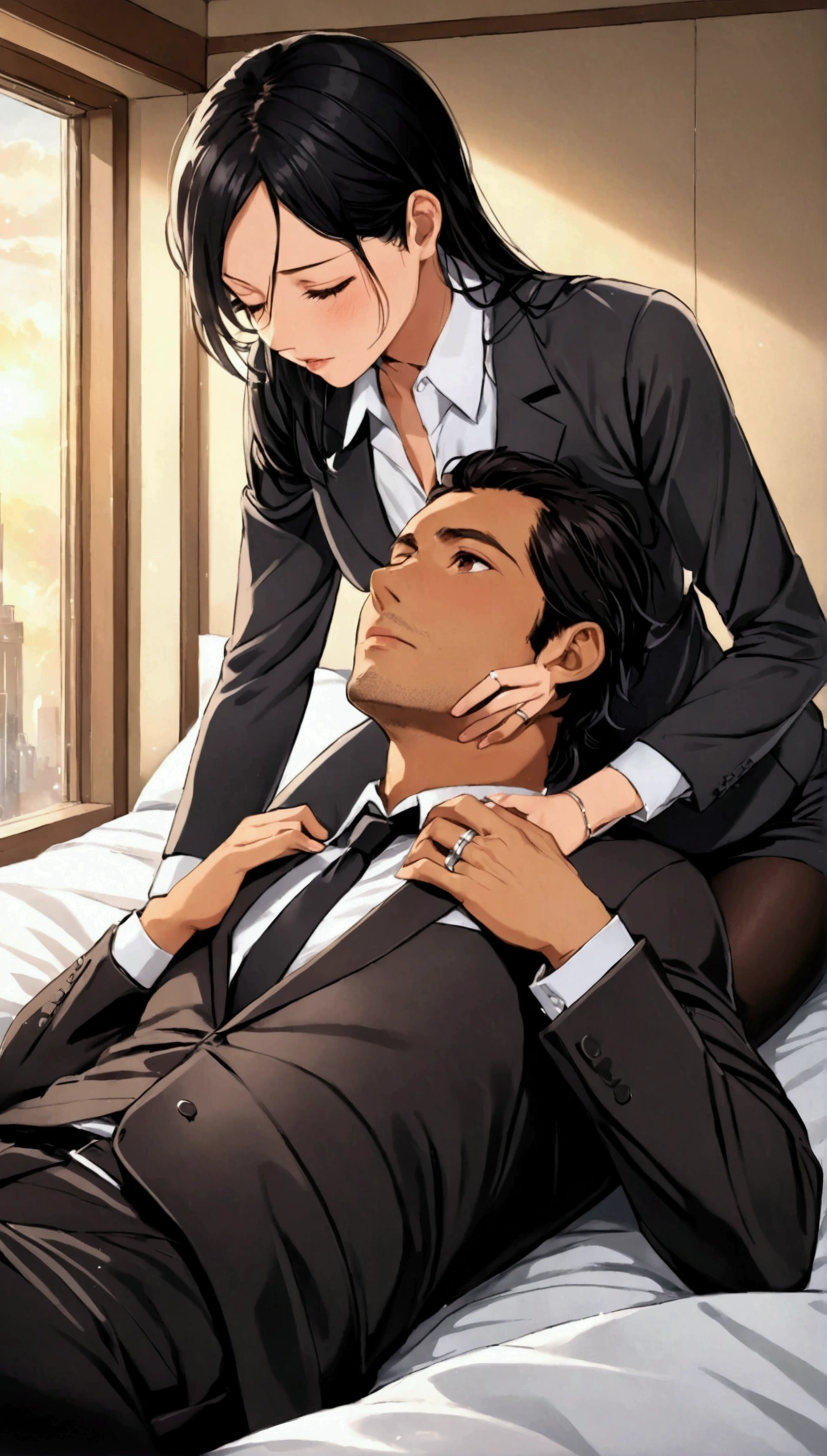 Sweat and wet body, translucent blouse, a mexican executive women, 24 years old, Neckline, tanned brown skin, brown eyes, long black hair, big chest, gray Tight-fitting office clothing, Mini-skirt, in a room, in bed, the man lying down and the woman on top of the man, exhaling mist, the windows fogged up, kissing with an old man, 45 years old, /(formal suit, rings on fingers,), on top of the man riding him, frontal focus,