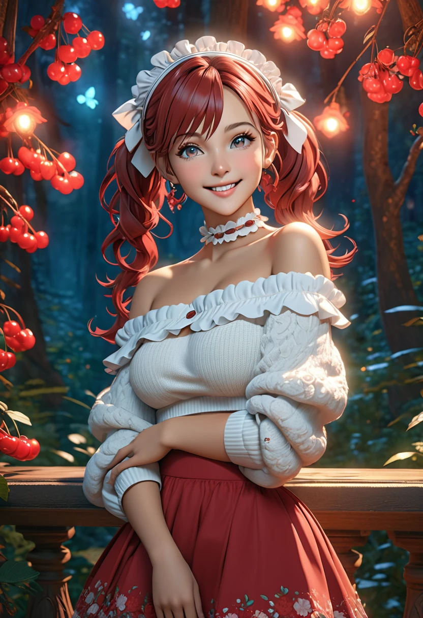 masterpiece, best quality, highly detailed, 1girl, solo, twintails, off-shoulder sweater, cherry red hair. choker, jacket, hairband, looking at viewer, smile, blush, Wide Smile, Eyes Detailed & Wide, sexy Pose. Ultra HD, Rococo-Inspired Fantasy Art With Intricate Details. Cute, Charming Expression, Alluring-Gaze, looking at viewer Beautiful Eyes, An-Ideal-Figure. Large Youthful Well-Shaped-Breasts, Massive-Round-Bosom, Décolletage. slim waist, fit body, full lipsWarm lights , woman in a dreamy forest at night, with fluffy hair, delicate face, realistic, real, slim, large aperture, sexy shots, attractive poses,Stunnin gly beautiful merge of  ALICIA KEYES symmetrical face, photorealistic, photography, path tracing, specular lighting, volumetric face light, path traced hairmaximum quality{(masutepiece) (8K High Resolution) (top-quality) In the style of breath of the wild.
