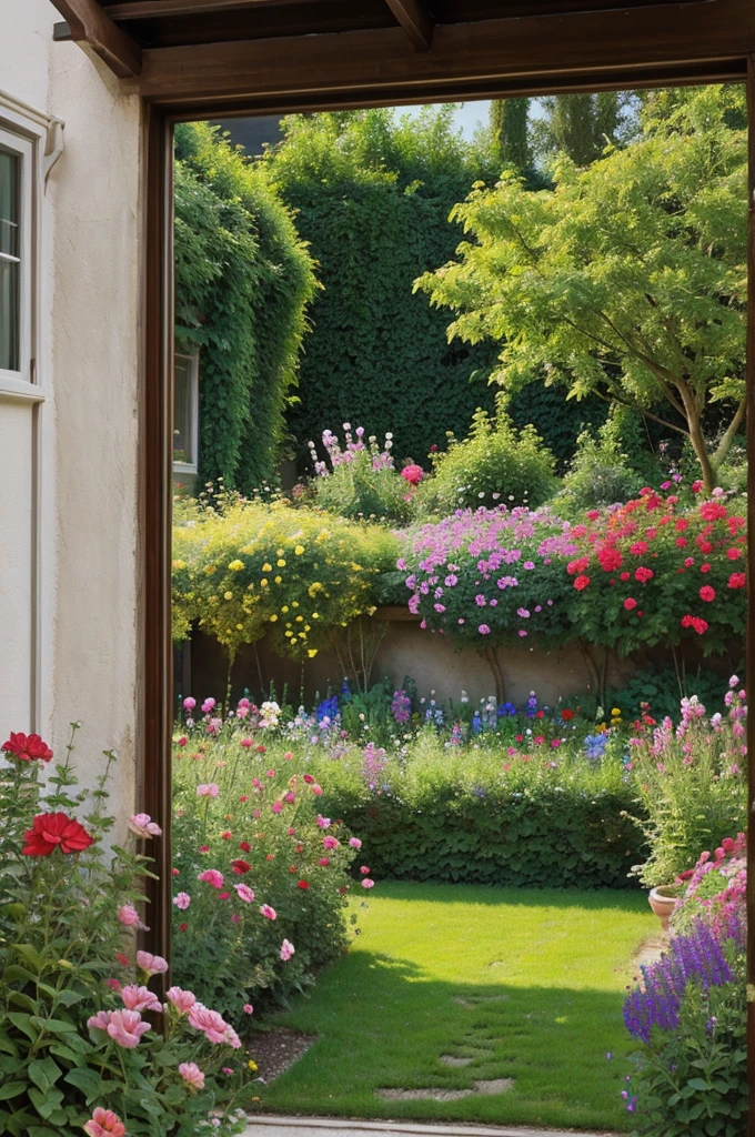Potrate of oil painting of a garden. behind a small house a window seen .the garden is full of big beautiful colour of flowers in full size