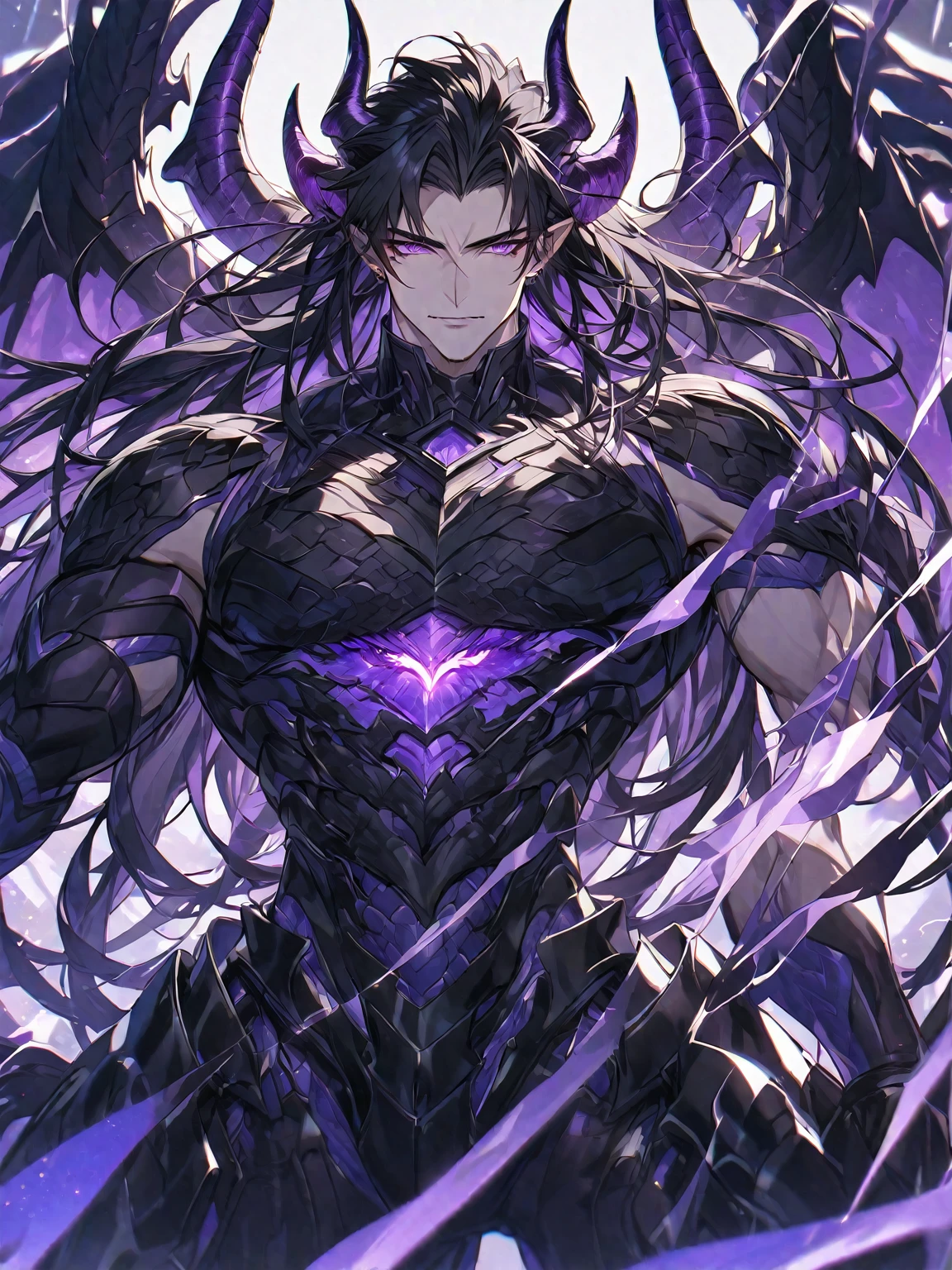 One, handsome, 1 man, with a sporty body, V-shaped body, black detailed armor with glowing purple details, black demonic horns, long hair, black hair, purple of dragon eyes, purple threads, black light