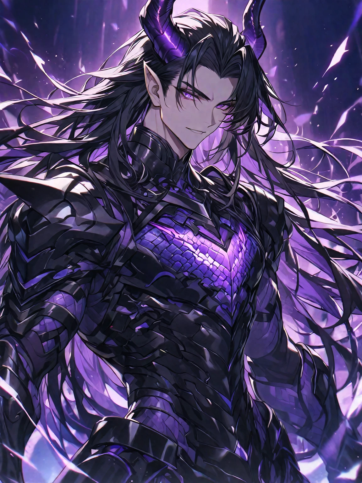 One, handsome, 1 man, with a sporty body, V-shaped body, black detailed armor with glowing purple details, black demonic horns, long hair, black hair, purple of dragon eyes, purple threads, black light
