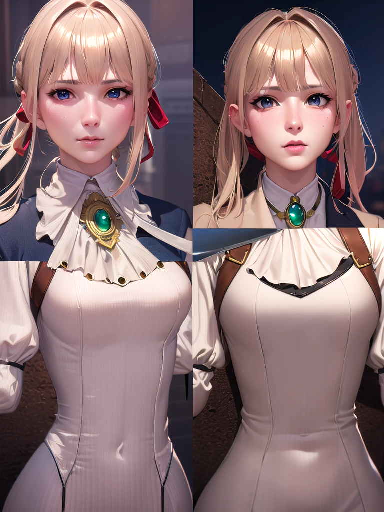 Great Joy:1.3, masterpiece, Highest quality, High resolution, Violet Evergarden, Braiding, Hair Ribbon, Red ribbon, jewelry, White Ascot, brooch, Blue jacket, Long sleeve, Brown gloves, White Dress, Long dress, Are standing, Cowboy Shot, Outdoor, unity 8k wallpaper, (figure:0.8), (Beautiful attention to detail:1.6), Highly detailed face, Perfect lighting, Highly detailed CG, (3D Face:1.1), (Shiny skin:1.5), (超High resolution intricate face details), (Facial skin pores:1.3), 超High resolution cloth texture