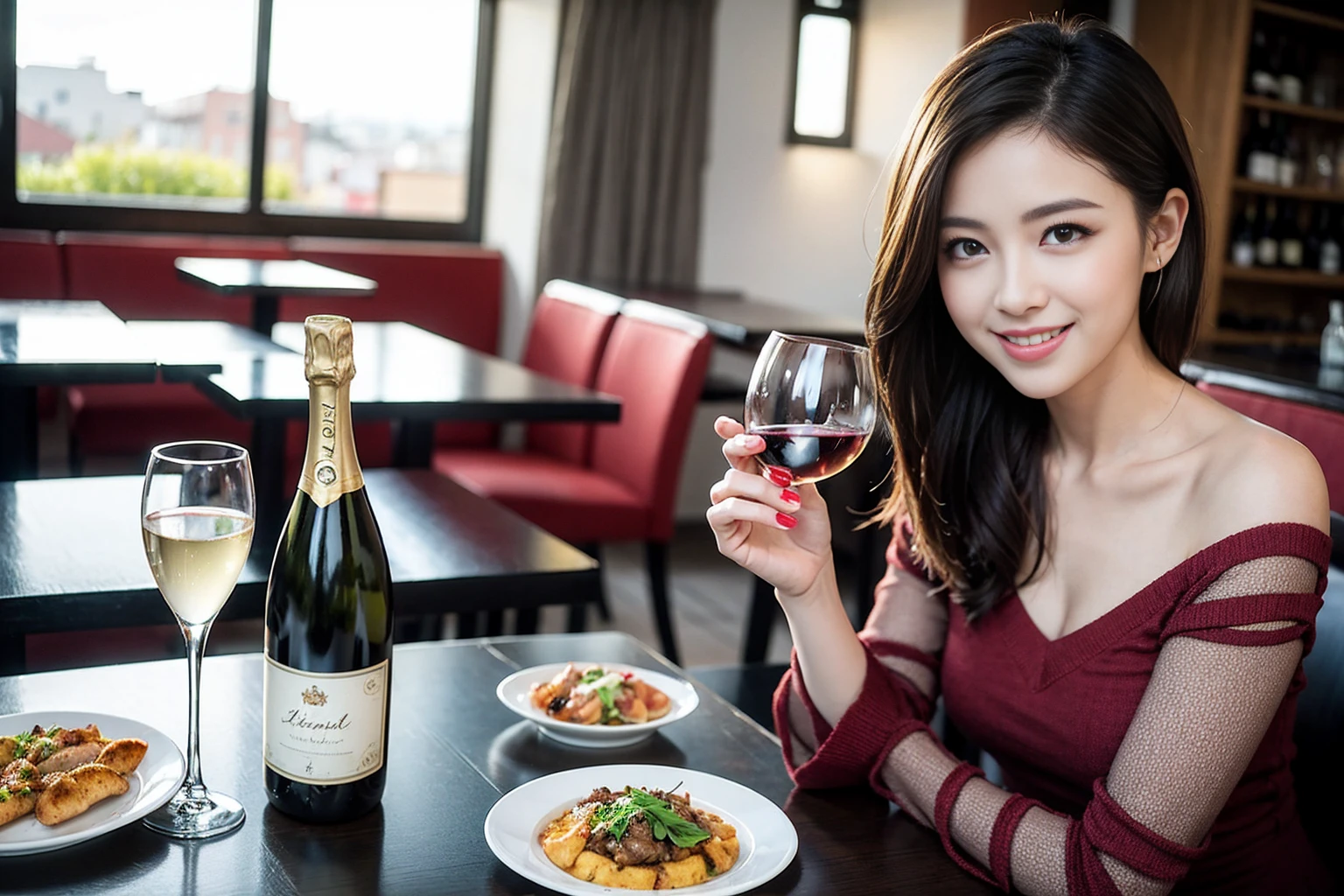 ((Highest quality、8K、masterpiece:1.3))、cute、slimカップル、modelカップル、actress男優、(Realistic, Intricate details:1.2), full-course dinner、Wine Party、Amazing view of the sunset sky and clouds、A bright smile、short hair,Bright Face、 (Age 45), 42 years old, red wine 、Appetizers、Italian food、Wine bottle、Champagne、sparkling wine、Two beauties、Brown Hair、Shortcuts、Long sleeve shirt、dress、Beautiful woman 1, (slimな顔), (The body is slim), (Brown Hair), (Shortcuts), cheeks turn a little red,Attractive beauty、restaurant, In a prominent place (From the waist up) Nova Frog Style, actress, model, Upper Body, White wine, slim, wine glass, 中央に置かれたwine glass, smile, (smile: 1.15), Beautiful fine grain, Depth f/2,saturation, High Contrast, Strong light and shadow,Moist Body:1.5、3D texture、Delicate eyes、Brown Hair、The hair is very shiny、