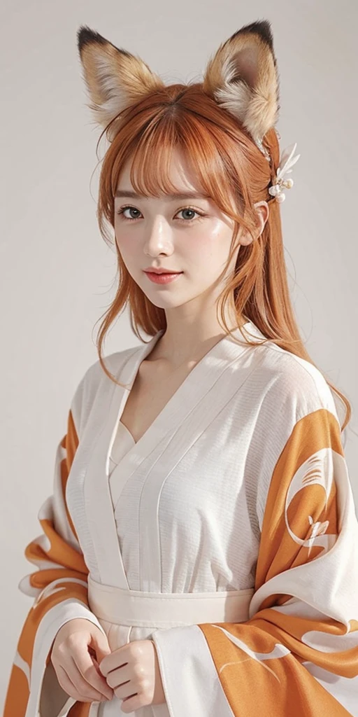 masterpiece, best quality, highly detailed, 1girl, solo, (:3:0.9), animal ear fluff, animal ears, orange hair, fluffy hair, blush, brown eyes, flower, fox ears, fox girl, gradient, gradient background, hair flower, hair ornament, japanese clothes, kimono, looking at viewer, miko, smile, solo, white kimono, beautiful lighting