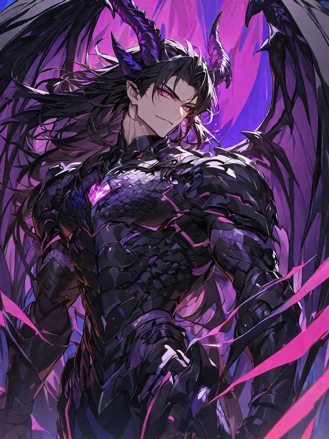 One, handsome, 1 man, with a sporty body, V-shaped body, black detailed armour with glowing purple details, black dragon horns, black dragon wings long hair, black hair, purple with red reptile eye tones, purple threads, black light