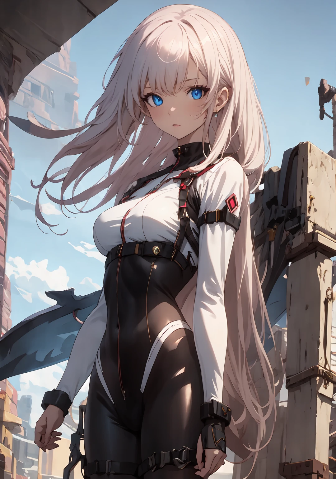 (aesthetic, best quality, masterpiece), 1girl, female focus, solo, bodysuit, zerosuit, body suit, cowboy shot, white hair, medium hair, detailed eyes, blue eyes, beautiful eyes, high-detail, watercolor illustration,, 8k, HDR, cinematic lighting, dramatic composition, elegant, graceful, serene, ethereal, mystical