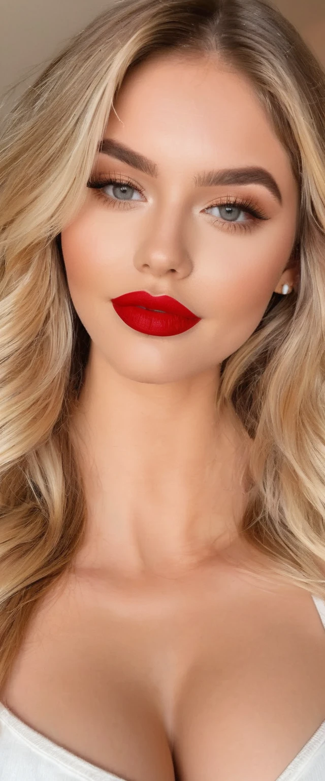 blond hair, 1 Girl, Beautiful, Baby Face, White Skin, Gigantic Colossal Chest, instagram photo, closeup face photo of 23 y.o Chloe in G-string, Red Lipstick, sensual Lipstick, Sensational Make Up, , pale skin, (smile:0.4), hard shadows, Red G-STRING 