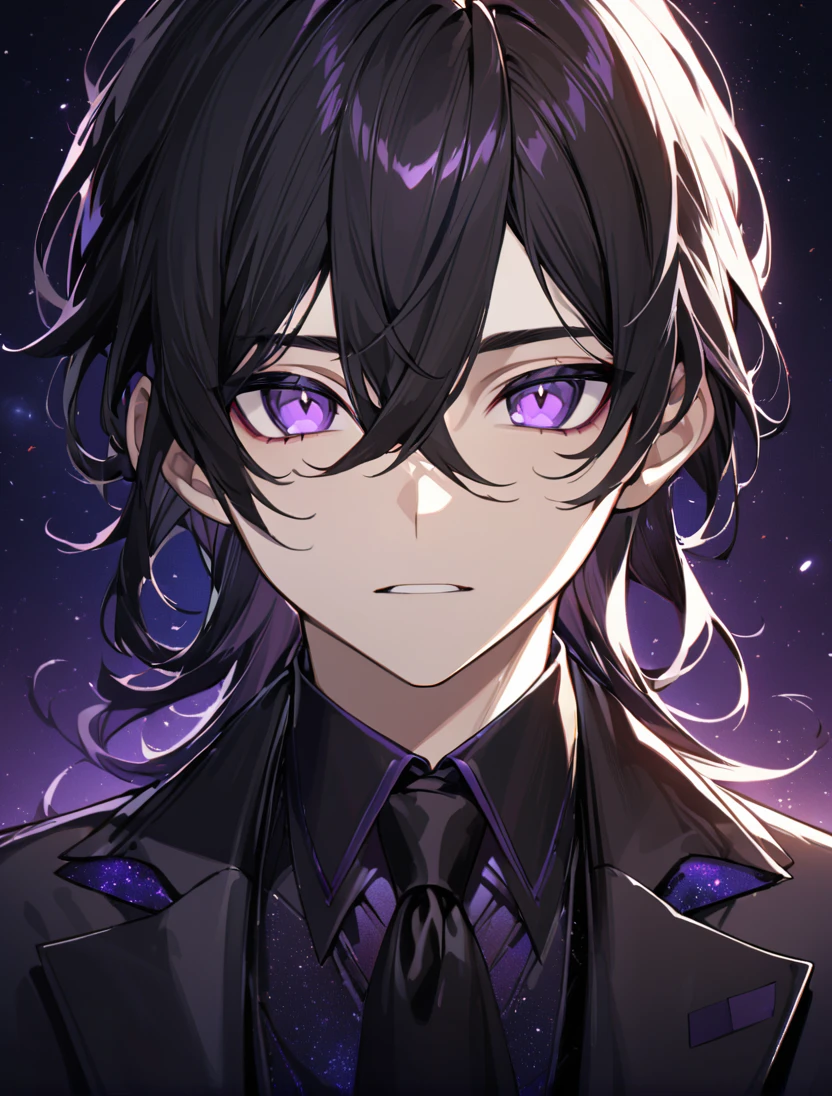 (black_hair), (long_male_hair), (deep_purple_eyes), (high_detailed_eyes), (attractive), (emotionless), (Deep_space_background), (male), (wearing _a_black_suit), (long_male_hair), (detailed_Hair), (detailed), (detailed_mouth), (close_up), (vertical_slit_pupils)