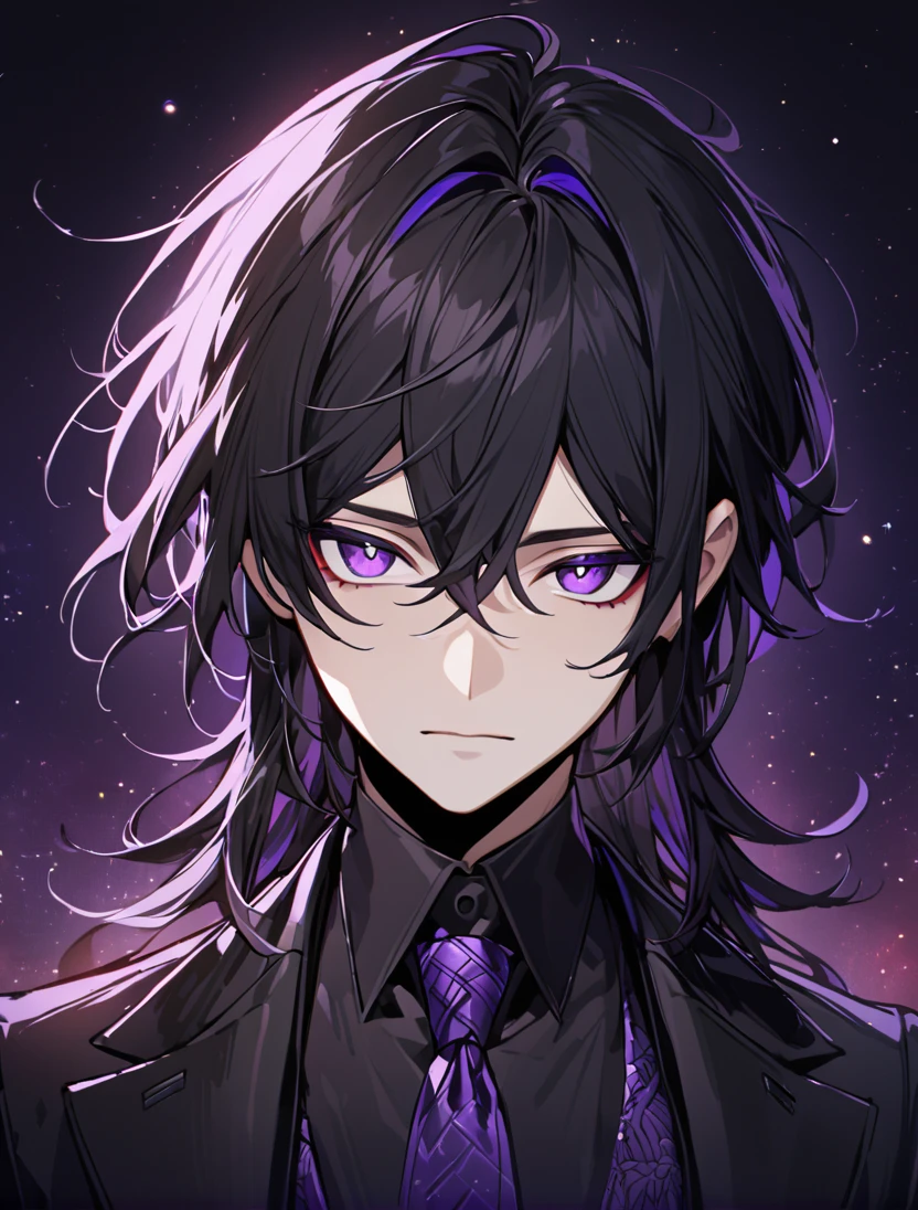 (black_hair), (long_male_hair), (deep_purple_eyes), (high_detailed_eyes), (attractive), (emotionless), (Deep_space_background), (male), (wearing _a_black_suit), (long_male_hair), (detailed_Hair), (detailed), (detailed_mouth), (close_up), (vertical_slit_pupils)