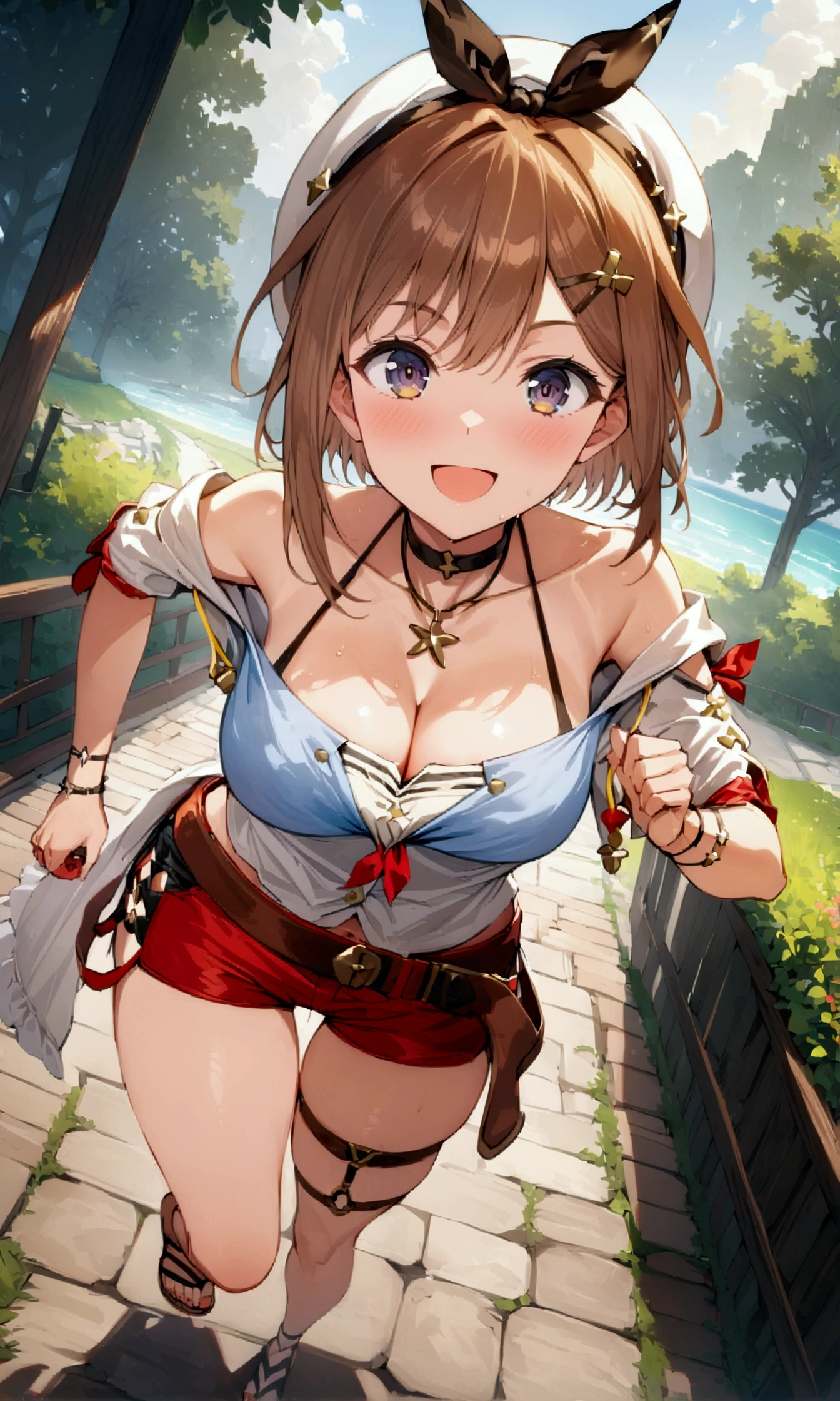 score_9, score_8_up, score_7_up,,,rating_safe. BREAK ,dynamic angle ,breast focus,standing,straight-on,running,(mediumshot),looking_at_viewer ,1girl, reisalin stout, choker, beret, hair ornament, hairclip, cleavage, short sleeves, bare shoulders, single glove, belt, short shorts, outdoors, solo, days, smile, (masterpiece), (best quality), (ultra-detailed), illustration, perfect composition, intricate details, moist skin, intricate details, HDR,