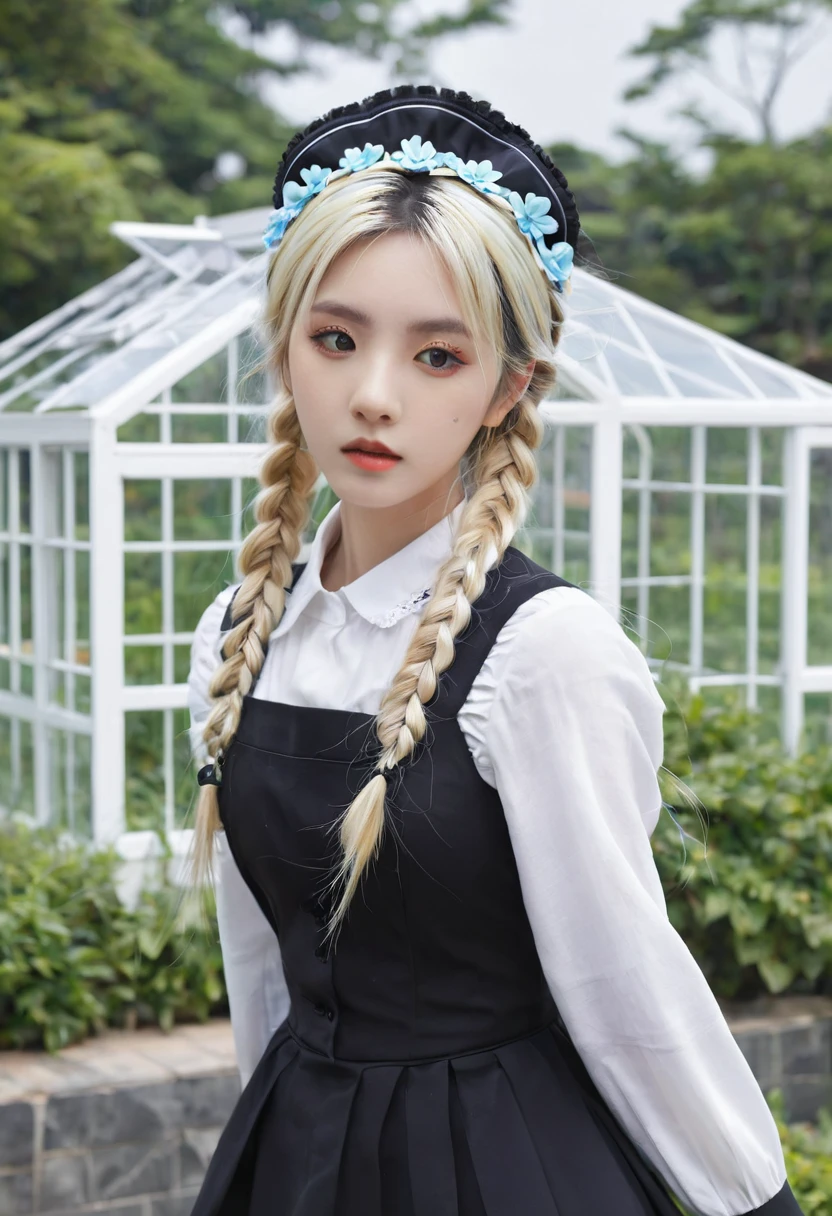 ((Flower Type)), (), (1 Girl), (((Solitary))), (Practical:1.5), Light Particles, Light, Victorian Era, (Best Illustration Award), photoPractical, Octane Rendering, 8K, Neon, Flying Cars, Delicate face, Delicate eyes, ((maid)), maid headband, Long braids, Very long hair, Blonde hair, blue eyes, (Sharp eyeliner, Eyeshadow, Delicate eyes:1.1), (ulzzang-6500), Model pose, (permanent), (outdoor), Noon time, Public area, indoors, (Green house in the background), Breaking down the G36