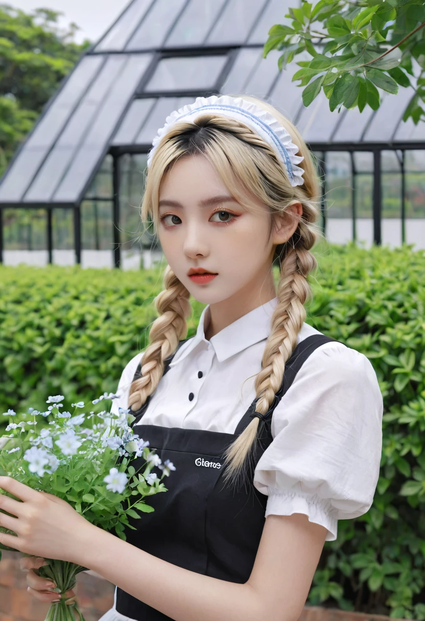 ((Flower Type)), (), (1 Girl), (((Solitary))), (Practical:1.5), Light Particles, Light, Victorian Era, (Best Illustration Award), photoPractical, Octane Rendering, 8K, Neon, Flying Cars, Delicate face, Delicate eyes, ((maid)), maid headband, Long braids, Very long hair, Blonde hair, blue eyes, (Sharp eyeliner, Eyeshadow, Delicate eyes:1.1), (ulzzang-6500), Model pose, (permanent), (outdoor), Noon time, Public area, indoors, (Green house in the background), Breaking down the G36
