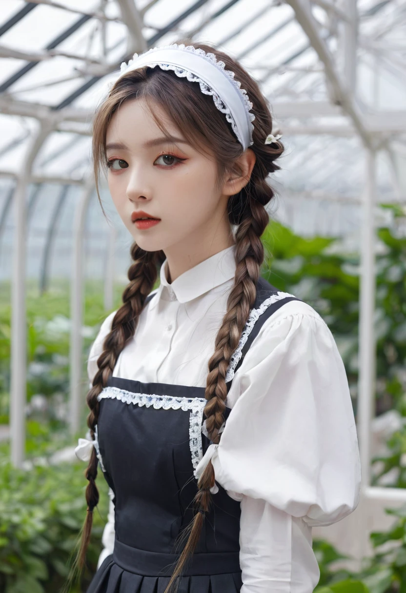 ((Flower Type)), (), (1 Girl), (((Solitary))), (Practical:1.5), Light Particles, Light, Victorian Era, (Best Illustration Award), photoPractical, Octane Rendering, 8K, Neon, Flying Cars, Delicate face, Delicate eyes, ((maid)), maid headband, Long braids, Very long hair, Blonde hair, blue eyes, (Sharp eyeliner, Eyeshadow, Delicate eyes:1.1), (ulzzang-6500), Model pose, (permanent), (outdoor), Noon time, Public area, indoors, (Green house in the background), Breaking down the G36