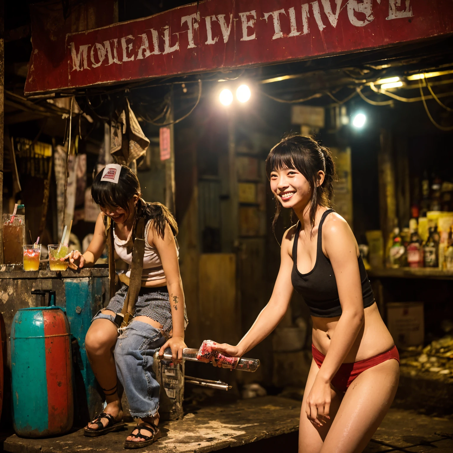 (masterpiece、Highest quality)、(Unsanitary and old underground mall)、(Japan favelas、Dirty Standing Tavern)、((stage))、(A girl helping out at the store、smile、fun)、(Poor conditions)、Shady Red Light District、Tank top、Panties、shaved ice、Sale of drinks、(stage)、smile、Happy schoolchildren、Perfect Anatomy