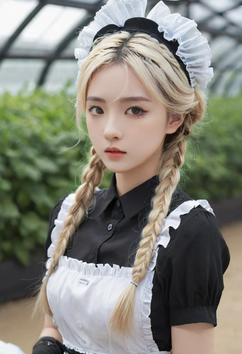 ((Flower Type)), (), (1 Girl), (((Solitary))), (Practical:1.5), Light Particles, Light, Victorian Era, (Best Illustration Award), photoPractical, Octane Rendering, 8K, Neon, Flying Cars, Delicate face, Delicate eyes, ((maid)), maid headband, Long braids, Very long hair, Blonde hair, blue eyes, (Sharp eyeliner, Eyeshadow, Delicate eyes:1.1), (ulzzang-6500), Model pose, (permanent), (outdoor), Noon time, Public area, indoors, (Green house in the background), Breaking down the G36  