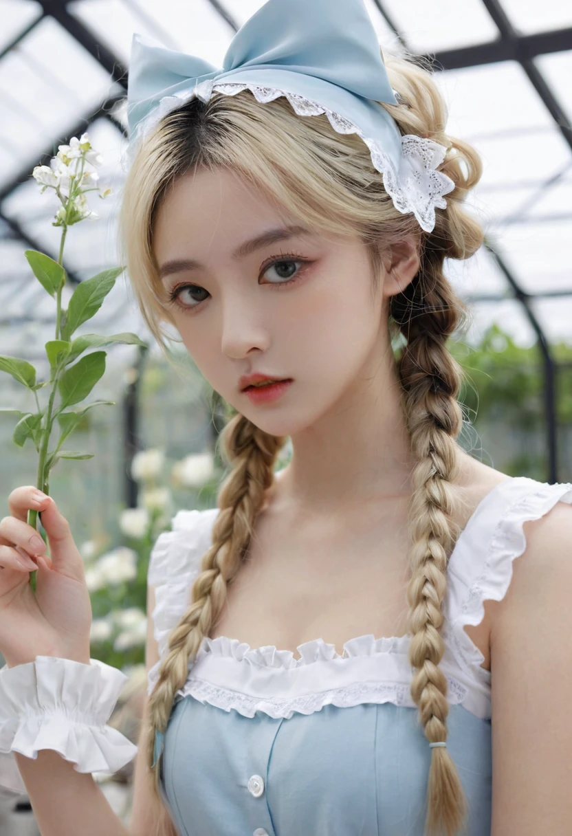 ((Flower Type)), (), (1 Girl), (((Solitary))), (Practical:1.5), Light Particles, Light, Victorian Era, (Best Illustration Award), photoPractical, Octane Rendering, 8K, Neon, Flying Cars, Delicate face, Delicate eyes, ((maid)), maid headband, Long braids, Very long hair, Blonde hair, blue eyes, (Sharp eyeliner, Eyeshadow, Delicate eyes:1.1), (ulzzang-6500), Model pose, (permanent), (outdoor), Noon time, Public area, indoors, (Green house in the background), Breaking down the G36