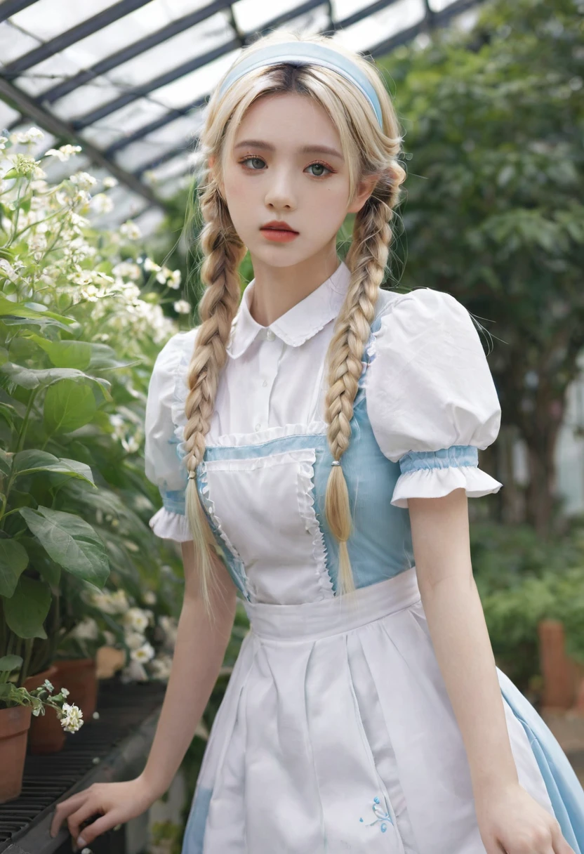 ((Flower Type)), (), (1 Girl), (((Solitary))), (Practical:1.5), Light Particles, Light, Victorian Era, (Best Illustration Award), photoPractical, Octane Rendering, 8K, Neon, Flying Cars, Delicate face, Delicate eyes, ((maid)), maid headband, Long braids, Very long hair, Blonde hair, blue eyes, (Sharp eyeliner, Eyeshadow, Delicate eyes:1.1), (ulzzang-6500), Model pose, (permanent), (outdoor), Noon time, Public area, indoors, (Green house in the background), Breaking down the G36  