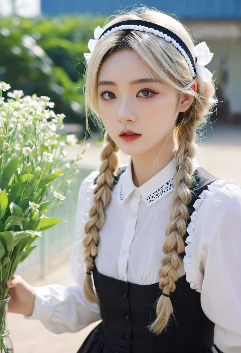 ((Flower Type)), (), (1 Girl), (((Solitary))), (Practical:1.5), Light Particles, Light, Victorian Era, (Best Illustration Award), photoPractical, Octane Rendering, 8K, Neon, Flying Cars, Delicate face, Delicate eyes, ((maid)), maid headband, Long braids, Very long hair, Blonde hair, blue eyes, (Sharp eyeliner, Eyeshadow, Delicate eyes:1.1), (ulzzang-6500), Model pose, (permanent), (outdoor), Noon time, Public area, indoors, (Green house in the background), Breaking down the G36  