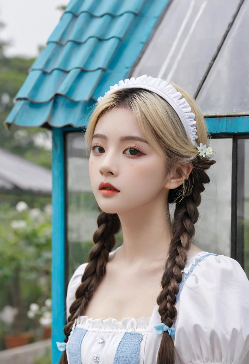 ((Flower Type)), (), (1 Girl), (((Solitary))), (Practical:1.5), Light Particles, Light, Victorian Era, (Best Illustration Award), photoPractical, Octane Rendering, 8K, Neon, Flying Cars, Delicate face, Delicate eyes, ((maid)), maid headband, Long braids, Very long hair, Blonde hair, blue eyes, (Sharp eyeliner, Eyeshadow, Delicate eyes:1.1), (ulzzang-6500), Model pose, (permanent), (outdoor), Noon time, Public area, indoors, (Green house in the background), Breaking down the G36