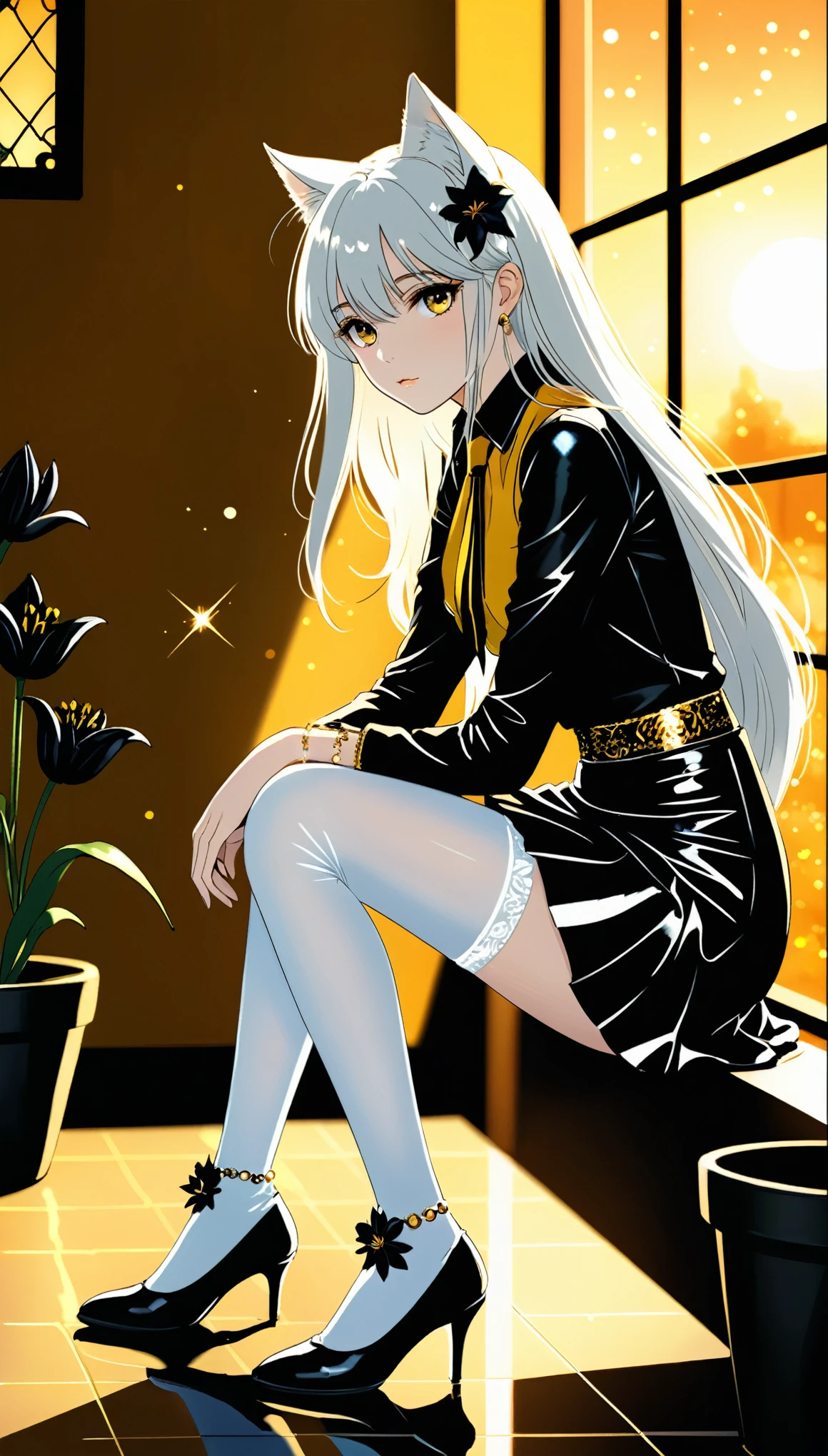in style of Harry Clarke，1girl,Yellow shirt,black leather skirt,Squatting,(adjusting footwear:2), white Cat ear,transparent white stockings,Long hair falling down,The light from the window shines through my hair,from side,(spend a leg:1.3),tie,Small bell bracelet,heles,
BREAK
Looking at the audience,(White long hair:1.1),indoor,Yellow background,Background blur,Black Lily Flower Pot,Golden Hour,depth of field,chiaroscuro,sparkle,comic 2.5d hand-drawn style,trending on deviantart,(look at the viewer:2.2)