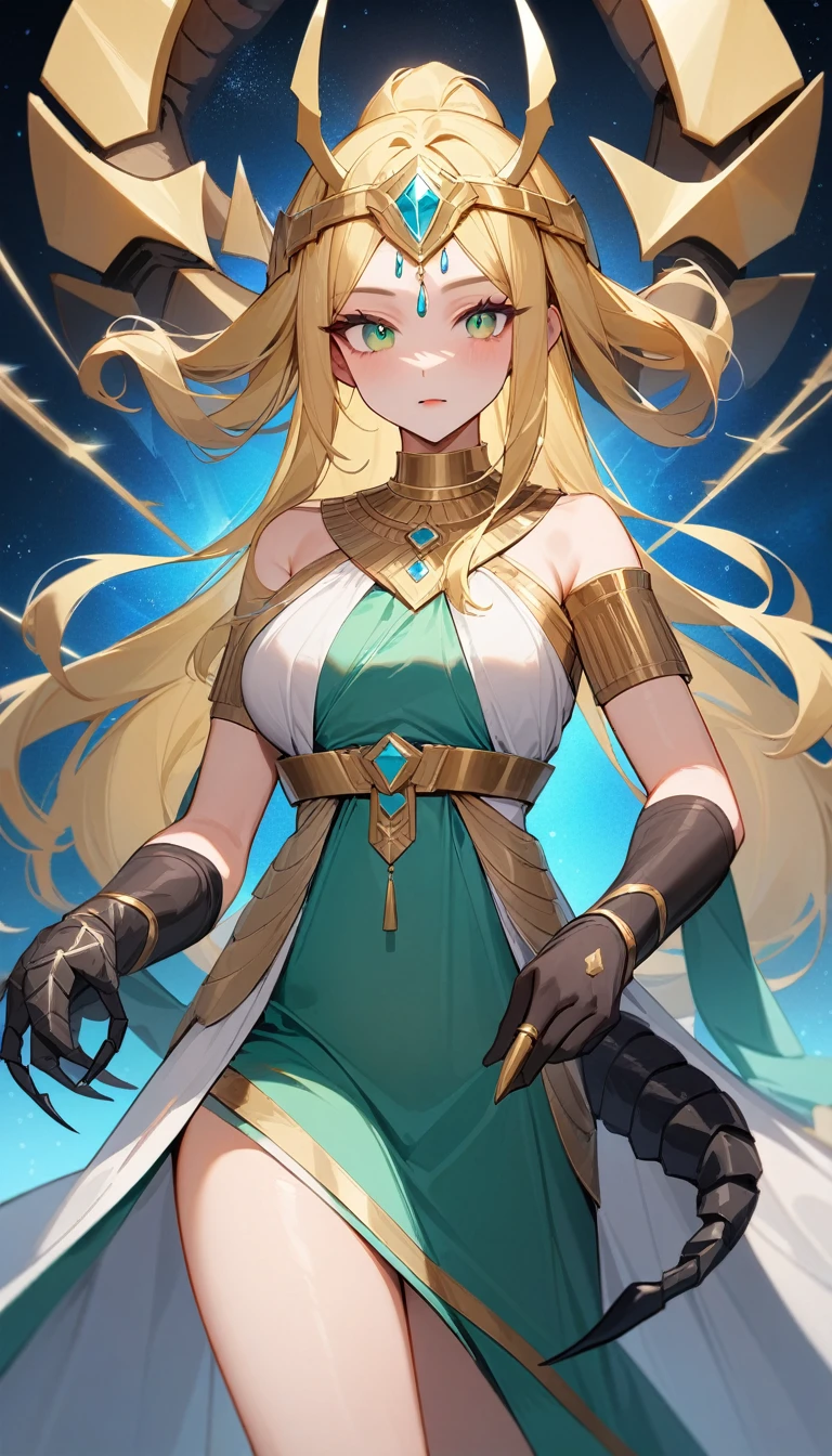 （Huang Li、high quality、Extremely detailed），Constellation - Scorpio Goddess，Huge scorpion，Woman stroking a scorpion，Similar to Latin goodness，brave，capricious，Productivity，The face of enterprising and humanitarianism，Long yellow hair，Ancient Greek costumes、Wrap Dress，Conservative clothing，The background is the universe，Crystal green eyes（Eyes Details），Powerful appearance, Correct anatomy