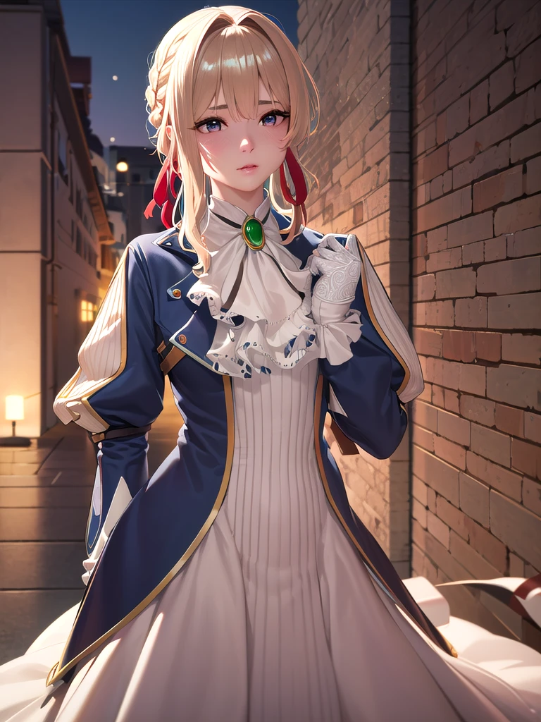 Great Joy:1.3, masterpiece, Highest quality, High resolution, Violet Evergarden, Braiding, Hair Ribbon, Red ribbon, jewelry, White Ascot, brooch, Blue jacket, Long sleeve, Brown gloves, White Dress, Long dress, Are standing, Cowboy Shot, Outdoor, unity 8k wallpaper, (figure:0.8), (Beautiful attention to detail:1.6), Highly detailed face, Perfect lighting, Highly detailed CG, (3D Face:1.1), (Shiny skin:1.5), (超High resolution intricate face details), (Facial skin pores:1.3), 超High resolution cloth texture