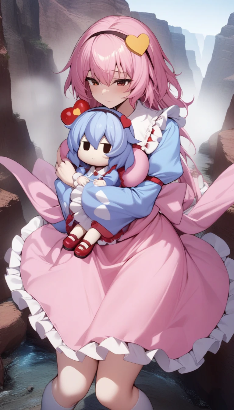 masterpiece, best quality, very aesthetic, absurdres, 1girl, mature_lady, hold a doll, doll, hug a doll,,komeiji_satori(touhou), pink_hair, hairband, heart_hair_ornament, blouse, blue_shirt, heart_buttons, frilled_shirt_collar, frilled_sleeves, frills, long_sleeves, wide_sleeves, pink_skirt, mary_janes, white_socks, red_footwear,in the canyon,fog,dark,floating_hair