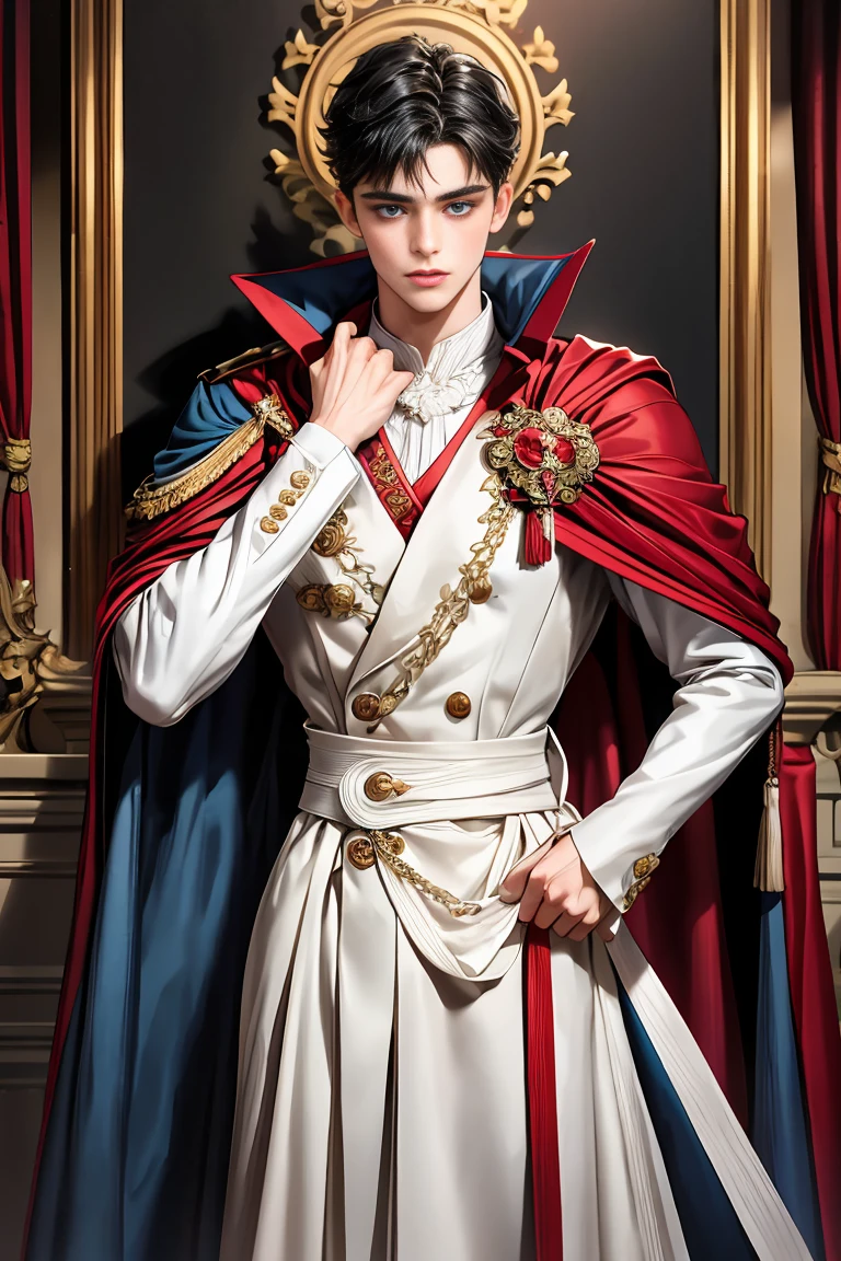 masterpiece, 最high quality, high quality, 1 boy, alone, Male focus, Watching the audience, Messy black hair, Adorable big blue eyes, White people, Noble, Noble,A sexy, voluminous, puffy cape、vampire、A very voluminous, large, very large, very large, long, long red and black cape with a high stand-up collar, made of a lot of fabric that reaches down to the floor., 17 years old,Cute beautiful boys,Cute, cute, kind, handsome guy