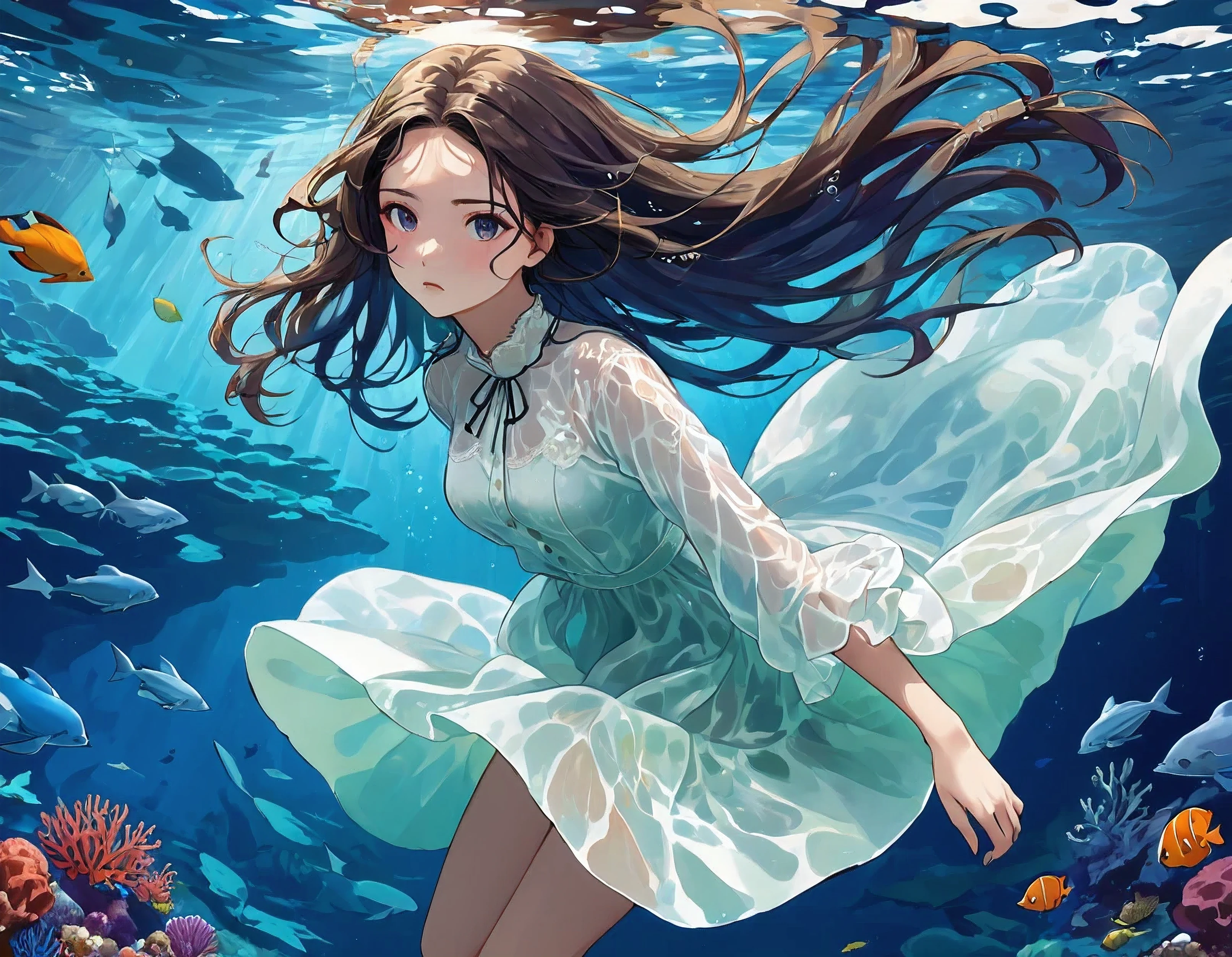 location='in the center', offset='no offset', area='a medium-sized square area', distance_to_viewer=2.0, description='A beautiful girl underwater.', detailed_descriptions=[ 'The girl, with flowing hair, is positioned in the center of the image.', 'Her expression is provocative and intense, reflecting a desire for attention and connection.', 'She appears to be floating effortlessly, surrounded by the vibrant marine life.', 'Her attire is minimal, allowing her to blend seamlessly into her aquatic surroundings.', 'The overall appearance is one of intense passion and natural beauty, with the girl harmoniously integrated into the underwater landscape.', ], tags='beautiful girl, underwater, flowing hair, provocative, intense, attention, connection, floating, vibrant marine life, minimal attire, intense passion, natural beauty, aquatic surroundings', atmosphere='Provocative and intense, reflecting a desire for attention and connection.', style='Captivating and detailed, emphasizing the intense passion and natural beauty.', quality_meta='High resolution with detailed textures and intense expressions.', HTML_web_color_name='lightseagreen',