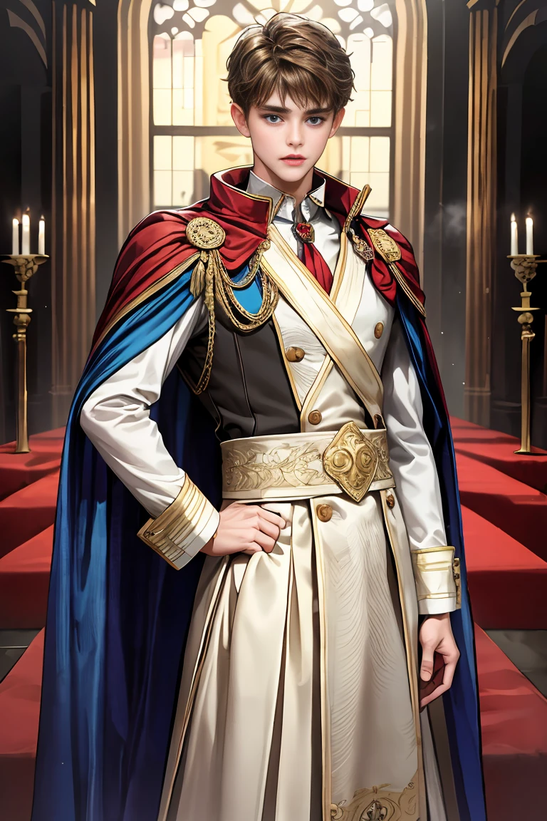 
masterpiece, 最high quality, high quality, 1 boy, alone, Male focus, Watching the audience,  Messy brown hair, Adorable big blue eyes, White people, Noble, Noble,Sexy voluminous cape、vampire、A very voluminous, large, very large, very large, long, long red and black cape with a high stand-up collar, made of a lot of fabric that reaches down to the floor., 17 years old,Cute beautiful boys,Cute, cute, kind, handsome guy