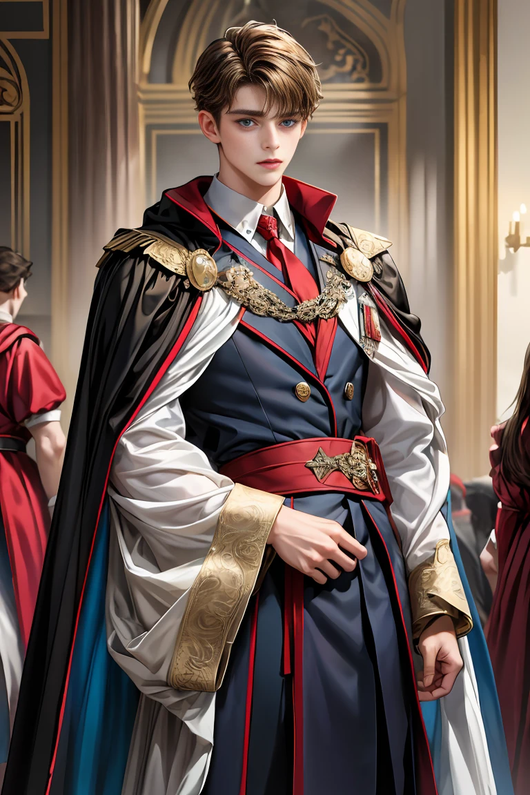 
masterpiece, 最high quality, high quality, 1 boy, alone, Male focus, Watching the audience,  Messy brown hair, Adorable big blue eyes, White people, Noble, Noble,Sexy voluminous cape、vampire、A very voluminous, large, very large, very large, long, long red and black cape with a high stand-up collar, made of a lot of fabric that reaches down to the floor., 17 years old,Cute beautiful boys,Cute, cute, kind, handsome guy