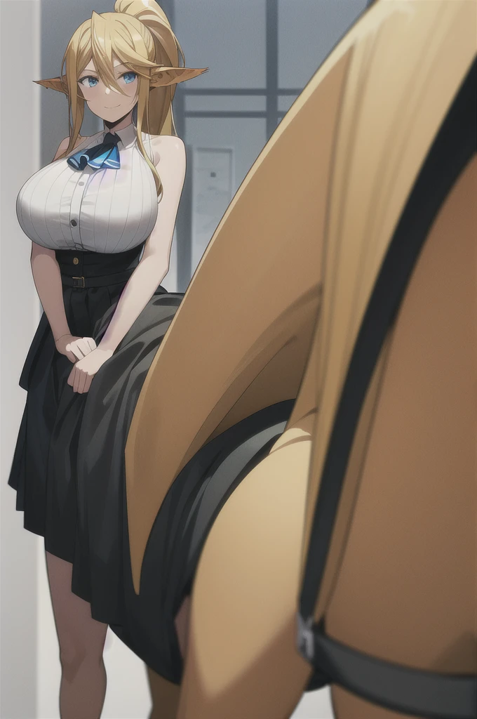 best quality, masterpiece, (absurdres), 1girl, solo, looking at viewer, smile,
centaur, taur, centorea shianus,
(brown fur:1.1), huge breasts, ascot, blonde hair, blue eyes
(black skirt:1.3), ass shape, white shirt, sleeveless