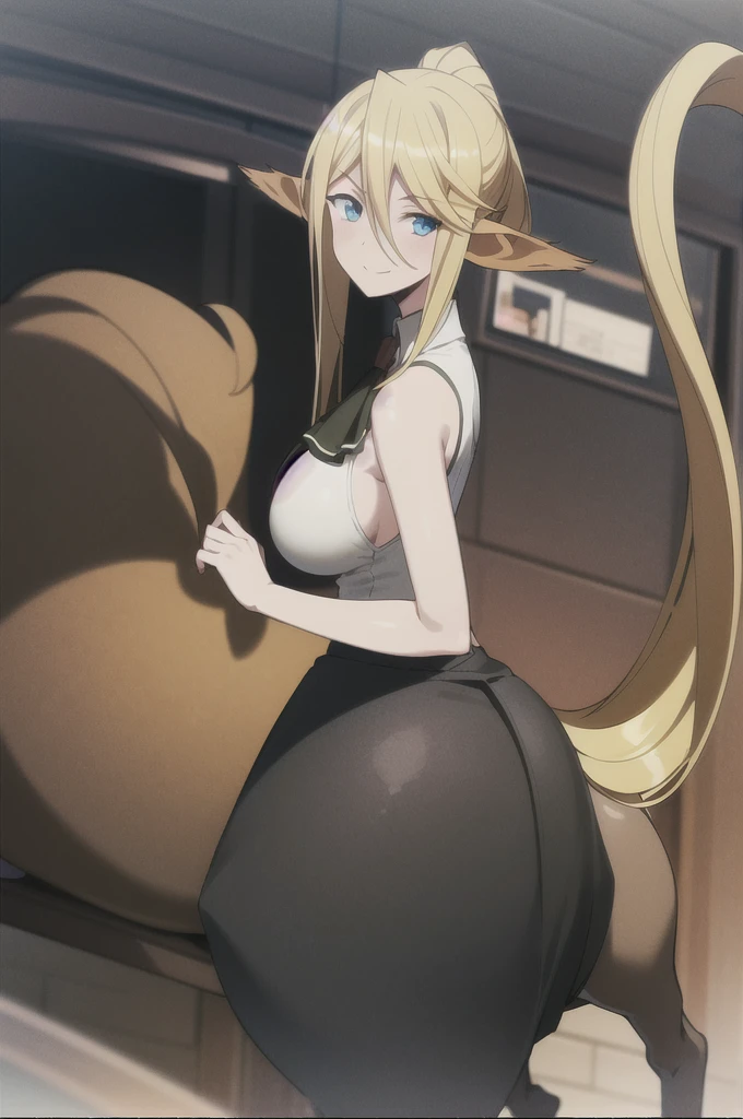 best quality, masterpiece, (absurdres), 1girl, solo, looking at viewer, smile, 
centaur, taur, centorea shianus, 
(brown fur:1.1), huge breasts, ascot, blonde hair, blue eyes
(black skirt:1.3), ass shape, white shirt, sleeveless
