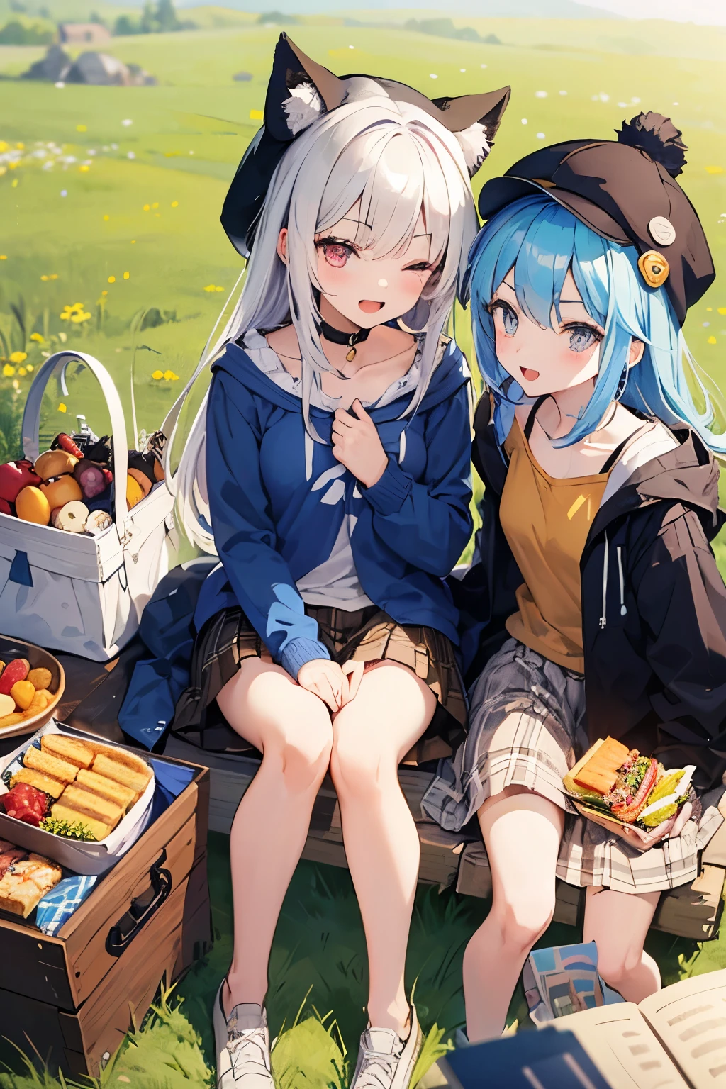 Two people, one has silver hair, bob hair, red eyes, young, tall, cute, grassland, sitting on the ground, younger sister with long hair, smiling, eyes closed, magic book, picnic blanket, basket, sandwich, lunch, plaid skirt, , white shirt, the other has light blue hair, golden eyes, young, very short, small breasts, long hair, human, short skirt, brown shorts, plain T-shirt, blue coat, angry, fluffy hat, mini bag, cute younger sister, small face, short legs, short hands, very , clavicle, double teeth, leaning to the left, mouth open, one hand in pocket