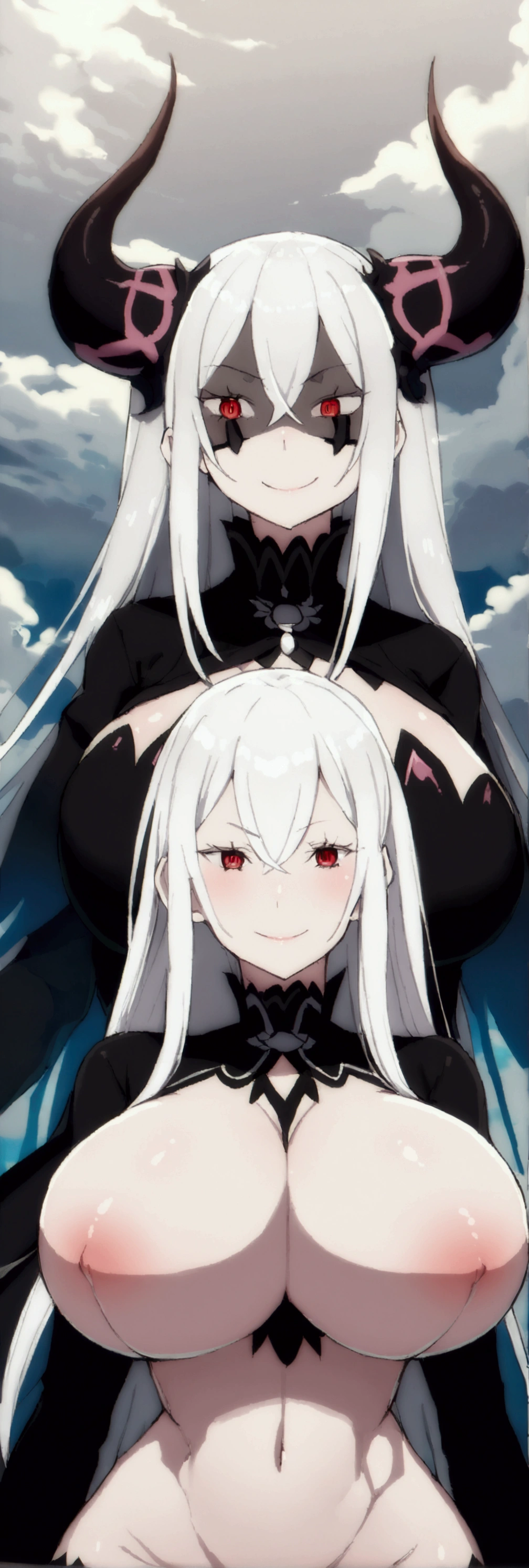 girl, (huge breasts size 160 cm), (narrow waist), Powerful woman, echidna re:zero, by white, big butt 130 cm, beautiful face, fine features, Red eyes, SMILE, devil, evil, psychopath, horns, back view, butt in sight, amazing butt, sinister aura, darkened face, SMILE maliciosa, dark aura