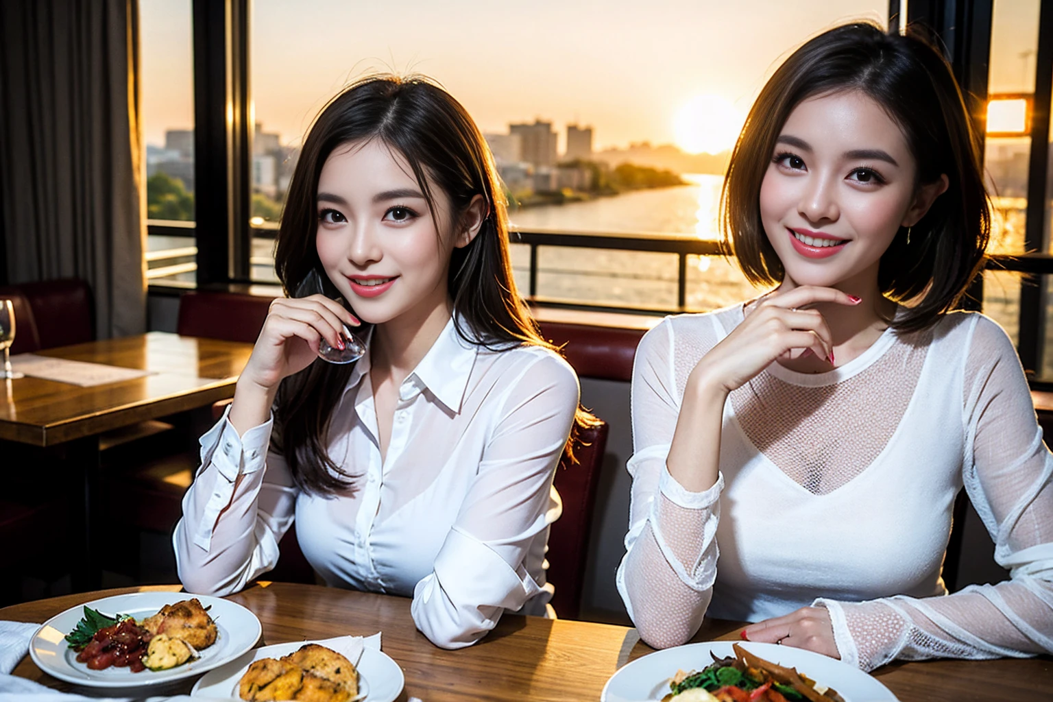 ((Highest quality、8K、masterpiece:1.3))、Shortcuts、cute、slimカップル、modelカップル、actress男優、(Realistic, Intricate details:1.2), full-course dinner、Wine Party、Amazing view of the sunset sky and clouds、A bright smile、short hair,Bright Face、 (Age 45), 42 years old, red wine 、Appetizers、Italian food、Wine bottle、Champagne、sparkling wine、Two beauties、Brown Hair、Shortcuts、Long sleeve shirt、dress、Beautiful woman 1, (slimな顔), (The body is slim), (Brown Hair), (Shortcuts), cheeks turn a little red,Attractive beauty、restaurant, In a prominent place (From the waist up) Nova Frog Style, actress, model, Upper Body, White wine, slim, wine glass, 中央に置かれたwine glass, smile, (smile: 1.15), Beautiful fine grain, Depth f/2,saturation, High Contrast, Strong light and shadow,Moist Body:1.5、3D texture、Delicate eyes、Brown Hair、The hair is very shiny、
