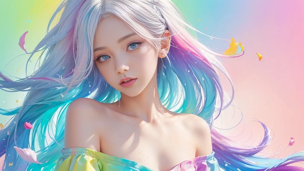 (Pink Fashion T-shirt:1.9),(Colorful hair: 1.8), (all the colours of the rainbow: 1.8),(((((vertical painting:1.6))), (painting:1.6),front, comics, illustrations, paintings, large eyes, crystal clear eyes,( rainbow color gradient high ponytail:1.7), exquisite makeup, closed mouth,(Small Fresh: 1.5),(Wipe Chest: 1.6) ,long eyelashes, white off shoulder T-shirt, White Shoulder Shirt,looking at the audience, large watery eyes, (rainbow colored hair:1.6), color splash, (solo:1.8), color splash, color explosion, thick paint style, messy lines, ((shining)),(colorful), (colorful), (colorful), colorful, Thick Paint Style, (Splash) (Color Splash), Vertical Painting, Upper Body, Paint Splash, Acrylic Pigment, Gradient, Paint, Highest Image Quality, Highest Quality, Masterpiece, Solo, Depth of Field, Face Paint, colorful clothes, (Elegant: 1.2), gorgeous,long hair, wind, (Elegant: 1.3), (Petals: 1.4),(((masterpiece))),(((best quality))),((ultra-detailed)),(illustration),(dynamic angle),((floating)),(paint),((disheveled hair)),(solo),(1girl) , (((detailed anima face))),((beautiful detailed face)),collar,bare shoulders,white hair, ((colorful hair)),((streaked hair)),beautiful detailed eyes,(Gradient color eyes),(((colorful eyes))),(((colorful background))),(((high saturation))),(((surrounded by colorful splashes))), A horizontal image of a beautiful girl wearing large headphones, intoxicated by the music, with treble clefs and eighth notes in the background.