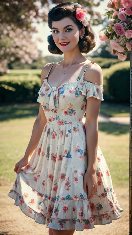 photo and gross. Karen Anne Carpenter, Swing Dress Outfits, vintage dress with flowers, 22 years old, perfect body, 40's, perspective, half body detail, sharp focus, light mix, detail, 70's, (high skin detail: 1,2), 8k hd, DSLR, Luz outfit, high quality, Fujifilm XT3 Grainy Films.