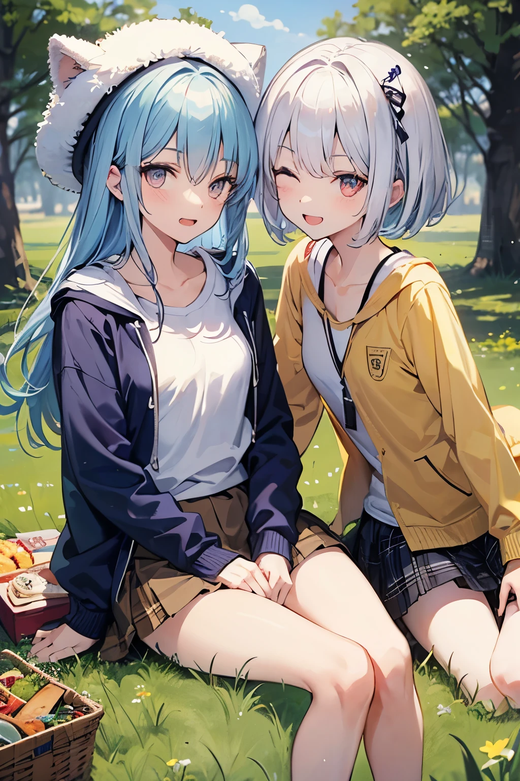 Two people, one has silver hair, bob hair, red eyes, young, tall, cute, grassland, sitting on the ground, younger sister with long hair, smiling, eyes closed, magic book, picnic blanket, basket, sandwich, lunch, plaid skirt, , white shirt, the other has light blue hair, golden eyes, young, very short, small breasts, long hair, human, short skirt, brown shorts, plain T-shirt, blue coat, angry, fluffy hat, mini bag, cute younger sister, small face, short legs, short hands, very , clavicle, double teeth, leaning to the left, mouth open, one hand in pocket