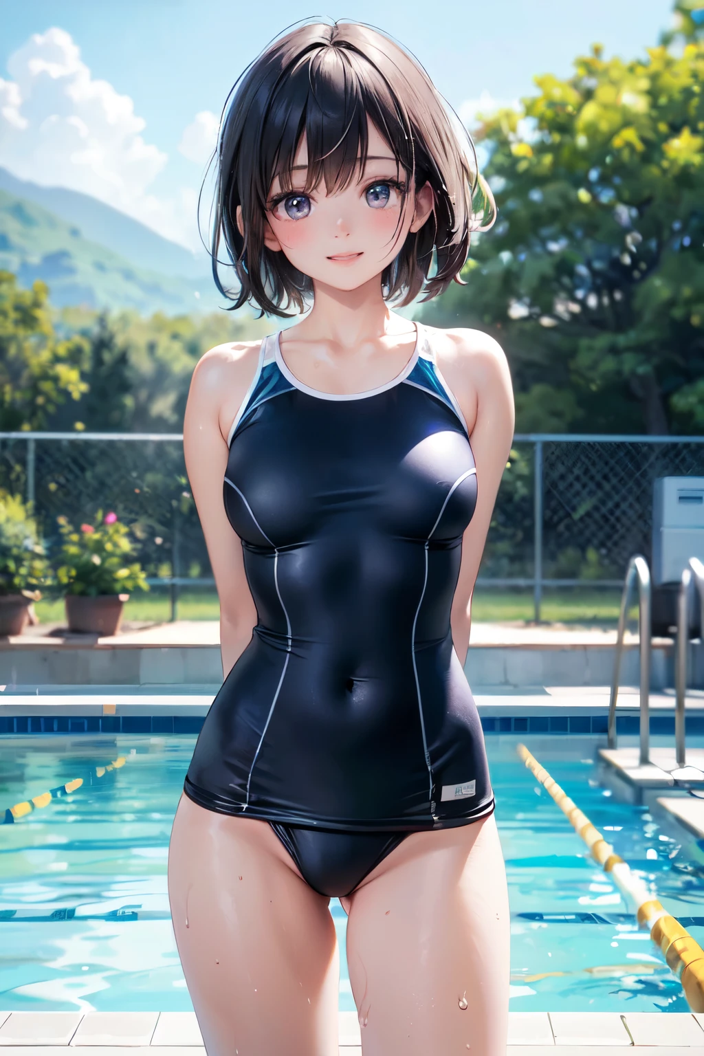 very cute and beautiful girl,(highly detailed beautiful face),(blue school swimsuit), sweat,wet,waterdrop, standing,arms behind back,(pool side),summer,countryside,grassland, (smile),happy,looking at viewer,black hair,cowboy shot, (best quality,masterpiece),absurdres,highres,ultra-detailed,extremely detailed,32k, cinematic scene,detailed background,solo,dynamic angle, hair fluttering in the wind,beautiful detailed sky,(realistic,photorealistic),