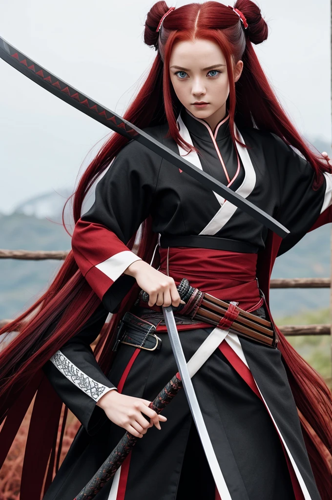 image from Kimetsu no yaiba Woman with long dark red hair with black layers and dull blue eyes and she has a red, black and white hunter outfit, her katana is red and white