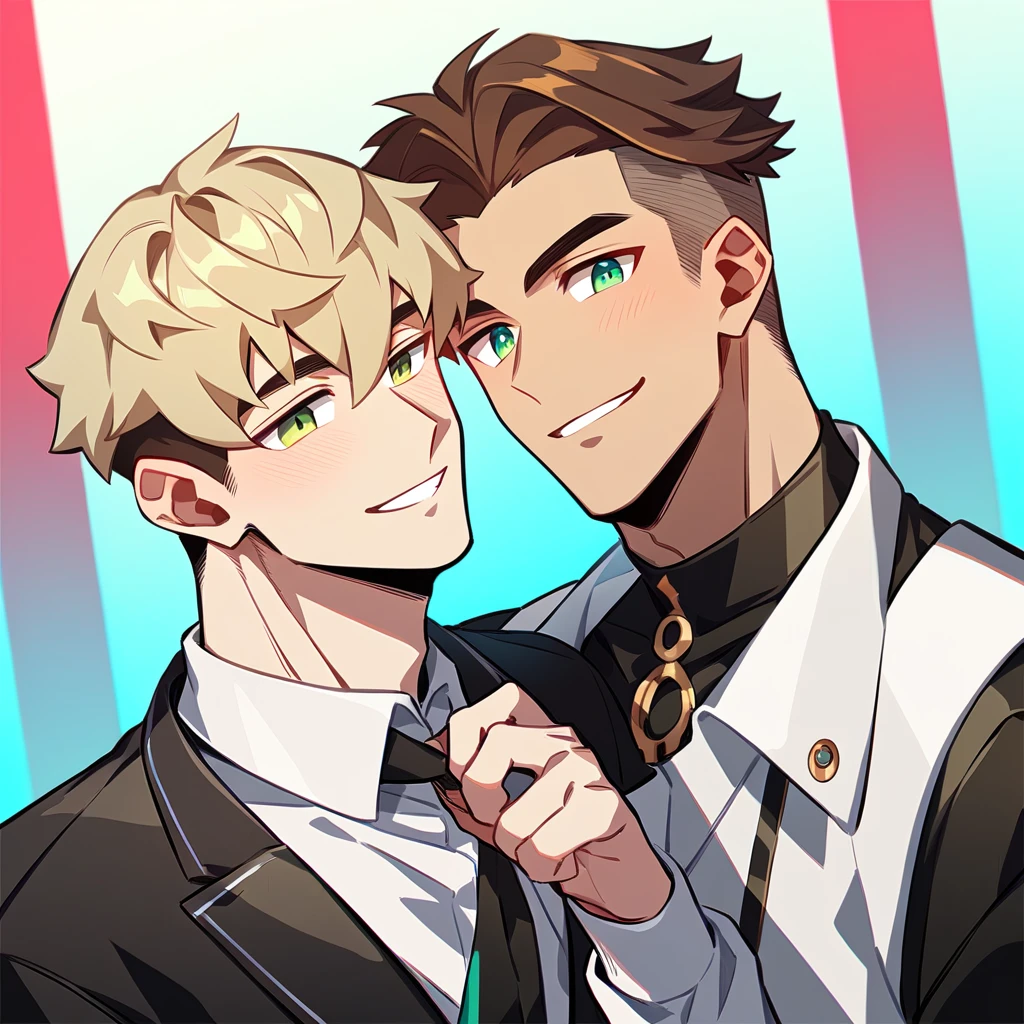 2 young men, focus man , Yaoi, pair,smile, human, short hair, reddish brown hair, Orange-green eyes, elf,golden hair, Undercut style, light green eyes , Fantasy, The best aesthetics , best quality, Amazing quality, The best aesthetics