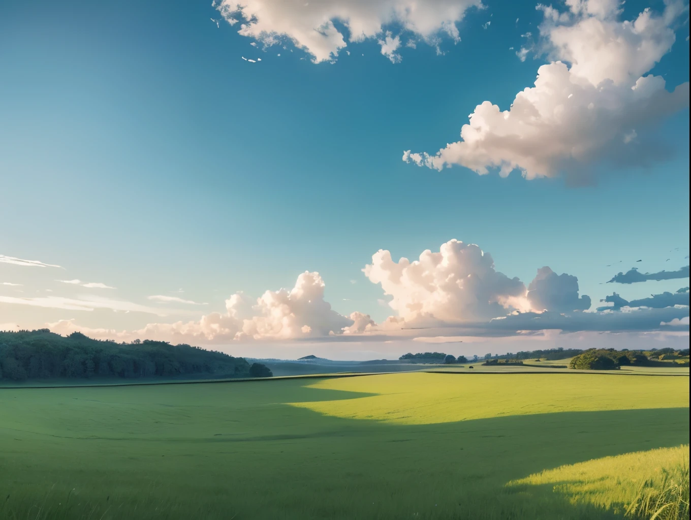 The lush grass beneath a vast, cerulean sky radiates a sense of tranquility and vastness. This serene landscape, captured in a stunning painting, showcases the vibrant shades of green in the grass, each blade dancing elegantly with the gentle breeze. The sky above is a masterpiece of azure perfection, dotted with fluffy white clouds that drift lazily across the canvas. The overall image is a breathtaking display of nature's beauty, inviting the viewer to immerse themselves in the serene simplicity of the scene.