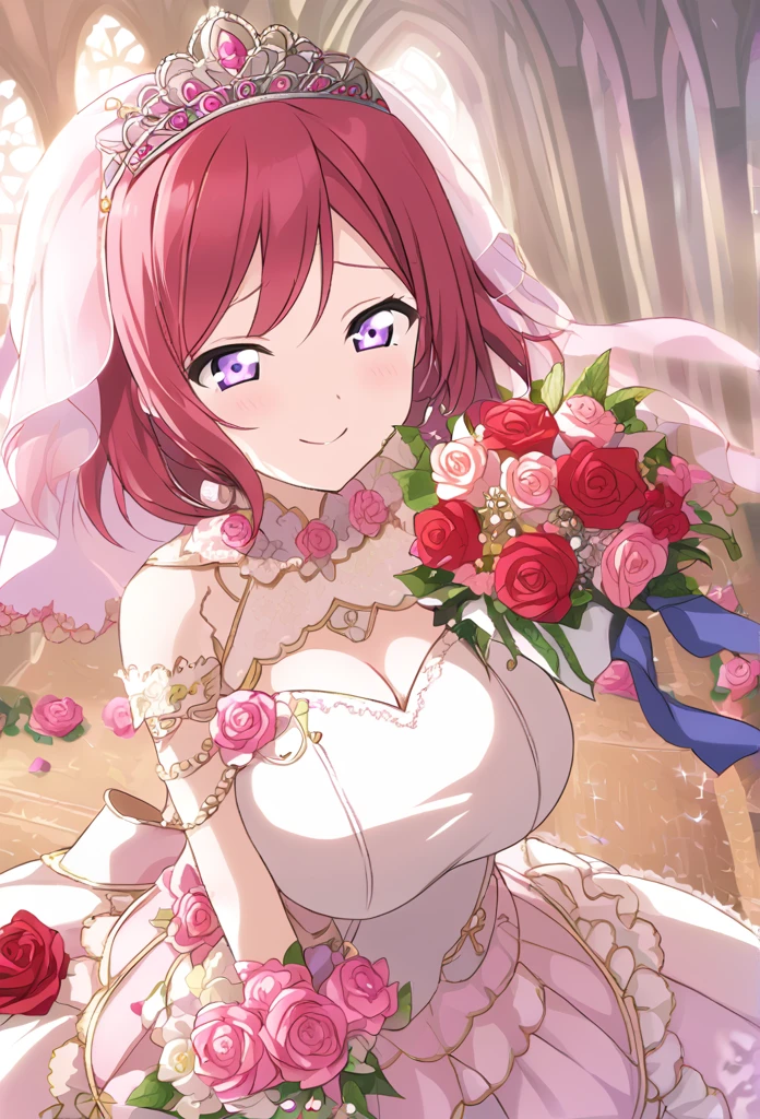 Maki Nishikino　Red hair　Purple eyes　Medium Long Bob　tiara　Red Wedding Dress　Pink flower decoration dress　church　smile　Huge breasts　Shining　Tears of joy　Bouquet of red roses