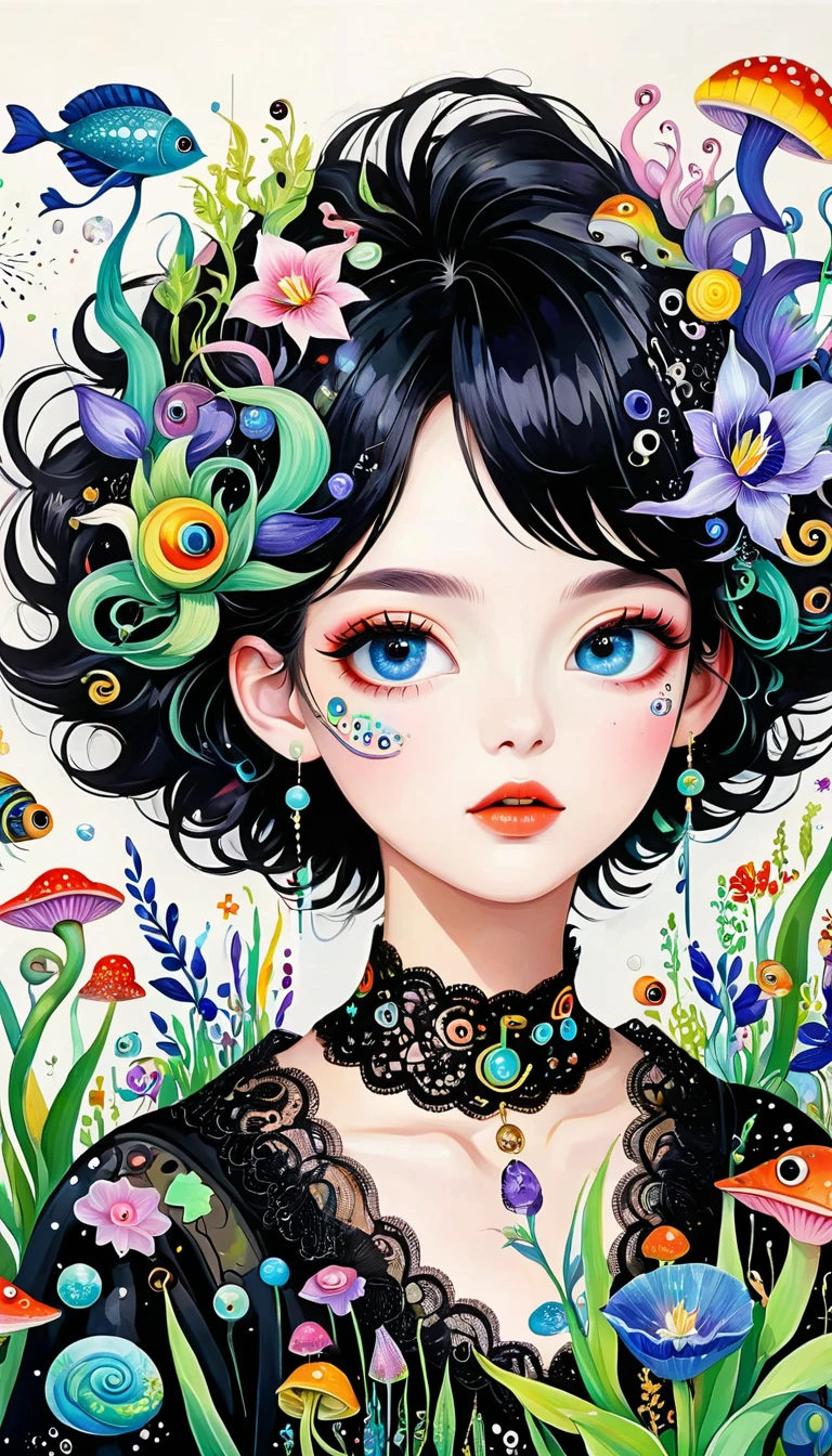 Three-dimensional painting。小女孩头上的snails房子,Exaggerated plant glasses。Black layered lace collar。。Spiky hair,Artists from the stars,Colorful black,A world of color,Dopamine,mouth,A cloud、snails、iris、fish、Tentacles、bird、Eye、diatom,Abstract mosaic painting,Describing the inner world of autism,Sense of space,White Space,interesting,Innocence,Psychedelic Art,Black overall