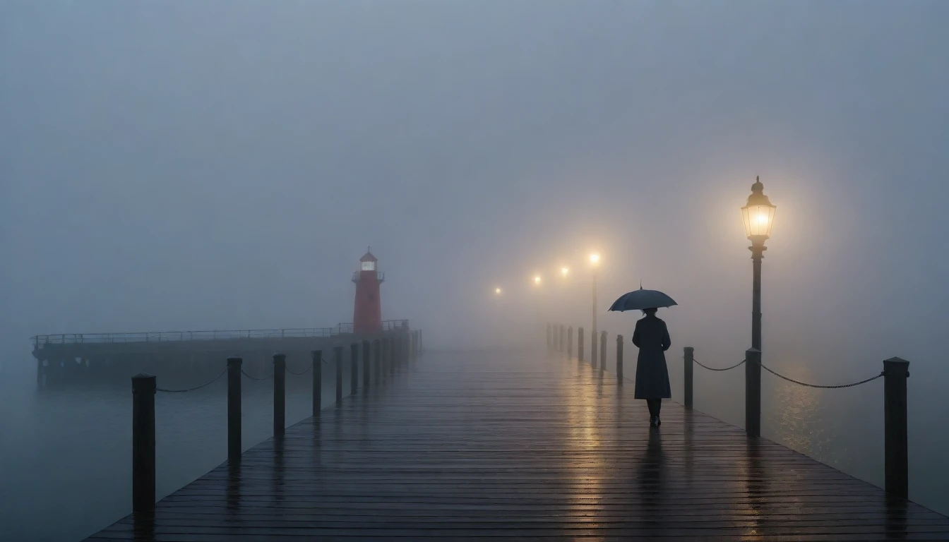 1 Korean woman in her 50s, alone, rain, Fog, cold, boring, , pier, Only, lighthouse, Coast, The dim light shines in the Fog,and the figure stands in the Fog holding an umbrella, (명암대rain, cinematic lighting, shadow, film grain, anatomically correct, accurate, Awards, 8K) realistic photo