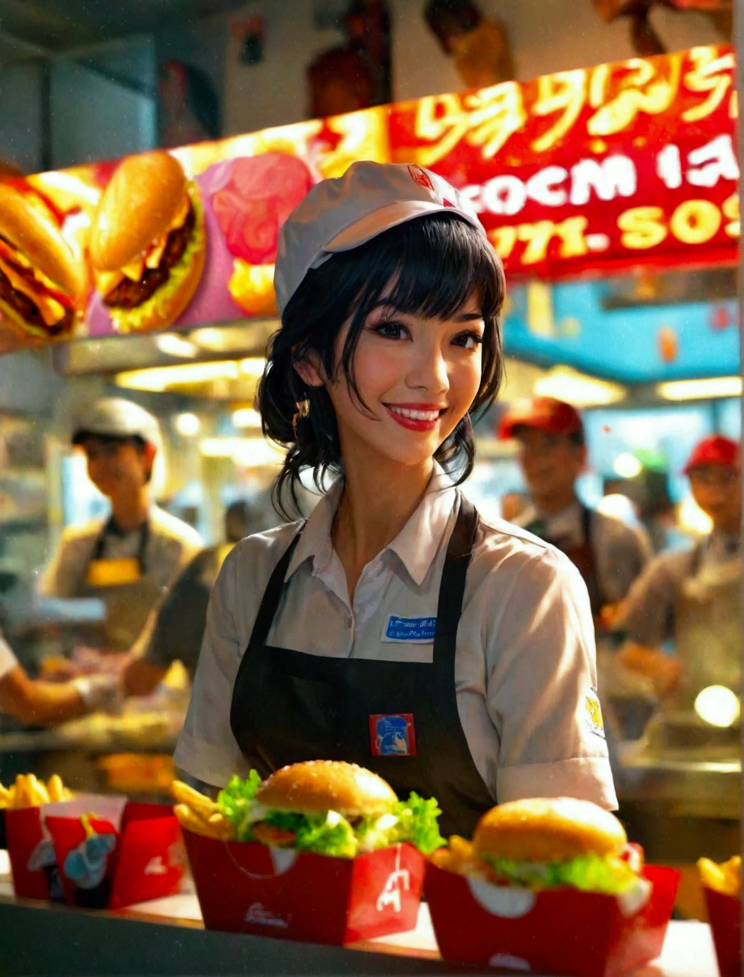 Aphotorealistic, ultra-detailed representation of a dedicated fast food worker serving customers behind the counter in an upper body shot. The individual, showcasing a genuine smile, is skillfully multitasking, handling various orders with precision and attention to detail. Their uniform, emblazoned with the familiar logos of the fast food chain, is worn neatly, and their hands move with dexterity as they assemble meals. The background is a blur of movement, customers lining up to place their orders. The scene is brightly lit, highlighting the worker's focused expression and the intricate mechanisms of the fast food assembly line. The image is shot in 8K UHD, gigantic breasts, giga_busty