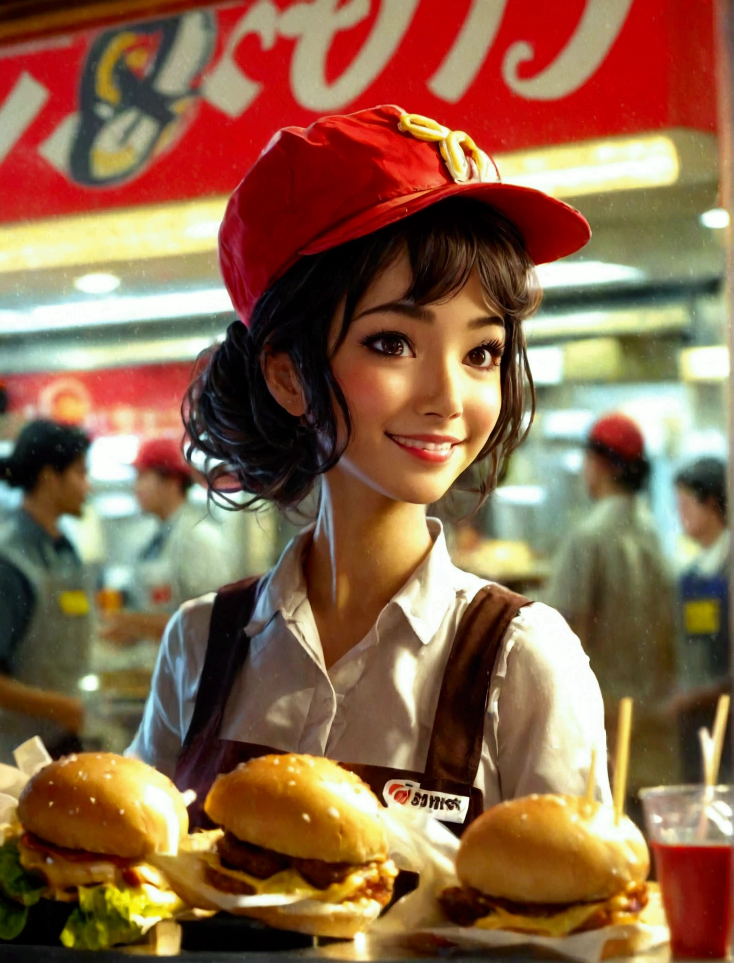 Aphotorealistic, ultra-detailed representation of a dedicated fast food worker serving customers behind the counter in an upper body shot. The individual, showcasing a genuine smile, is skillfully multitasking, handling various orders with precision and attention to detail. Their uniform, emblazoned with the familiar logos of the fast food chain, is worn neatly, and their hands move with dexterity as they assemble meals. The background is a blur of movement, customers lining up to place their orders. The scene is brightly lit, highlighting the worker's focused expression and the intricate mechanisms of the fast food assembly line. The image is shot in 8K UHD, gigantic breasts, giga_busty