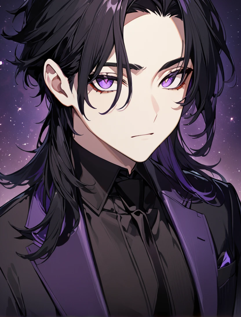 (black_hair), (long_male_hair), (deep_purple_eyes), (high_detailed_eyes), (attractive), (emotionless), (Deep_space_background), (male), (wearing _a_black_suit), (long_male_hair), (detailed_Hair), (detailed), (detailed_mouth), (close_up), (vertical_slit_pupils), (in store)